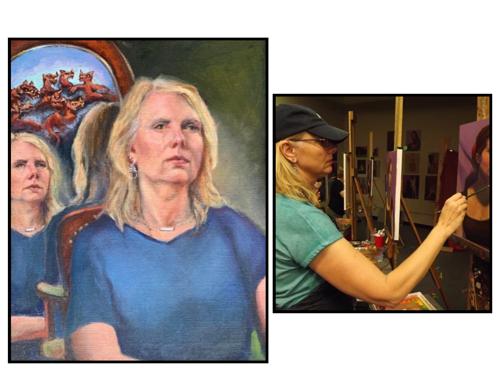 Self portrait of the artist, Devi Anne Moore and the artist at work. 