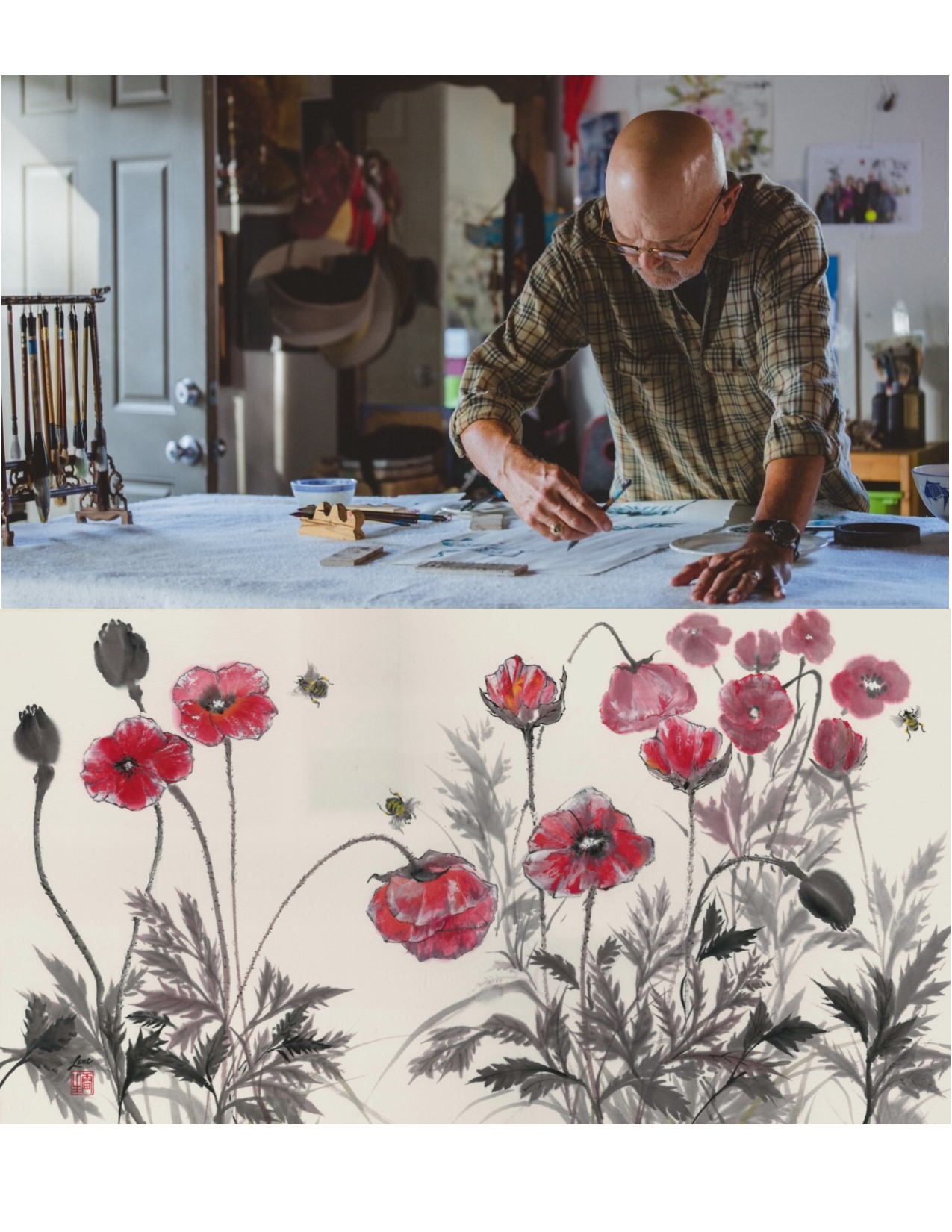 Mike Lane in studio, brush painting of poppies
