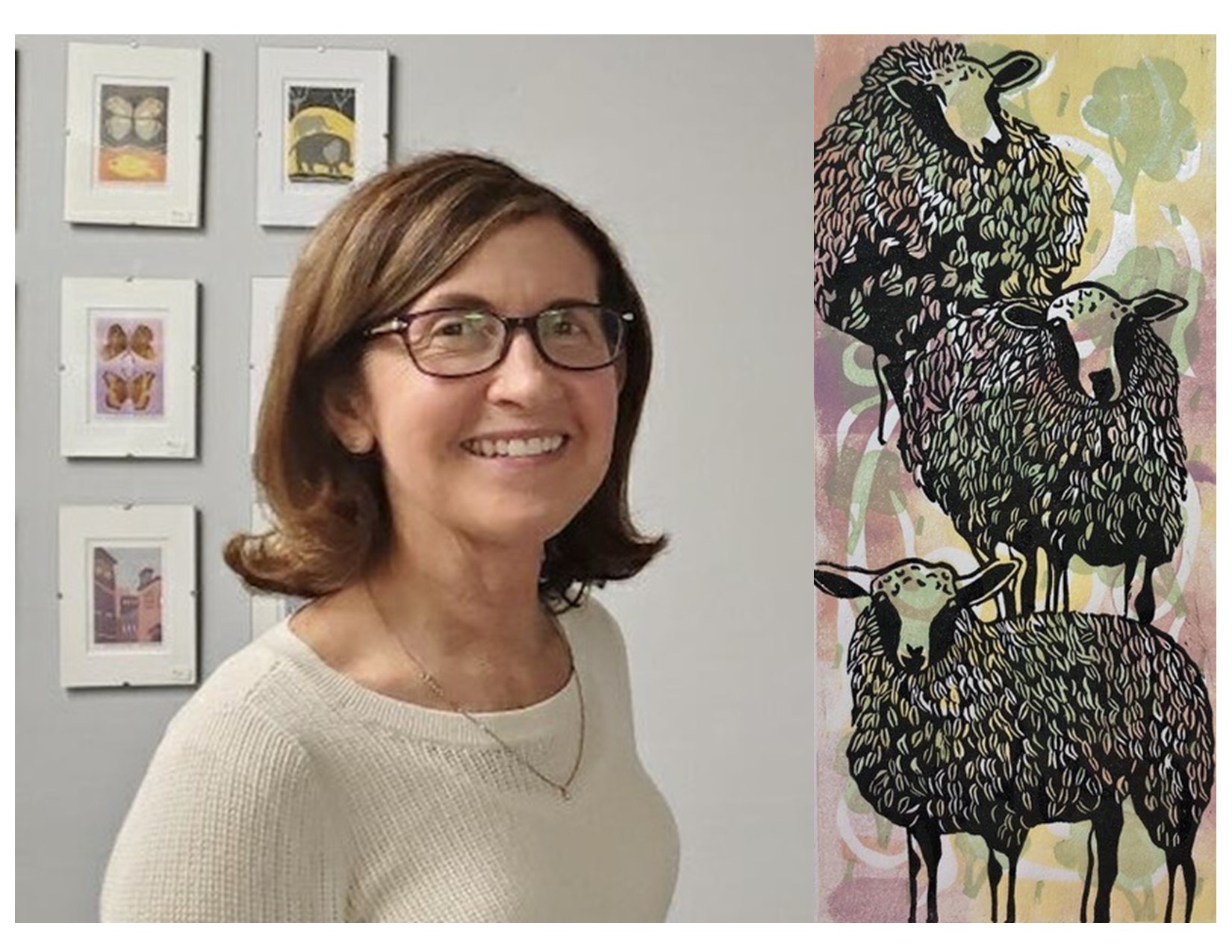The artist Anne May and one of her art prints of sheep
