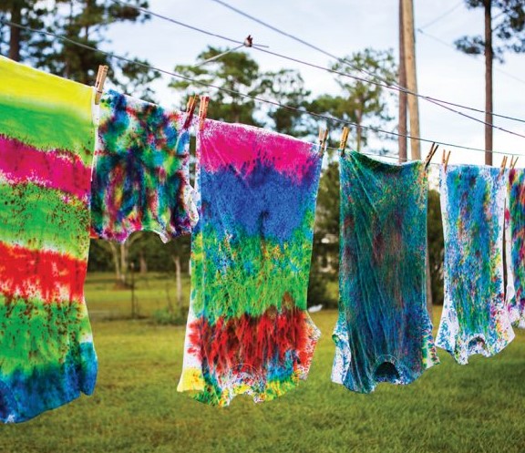Tie Dye shirts on a clothesline