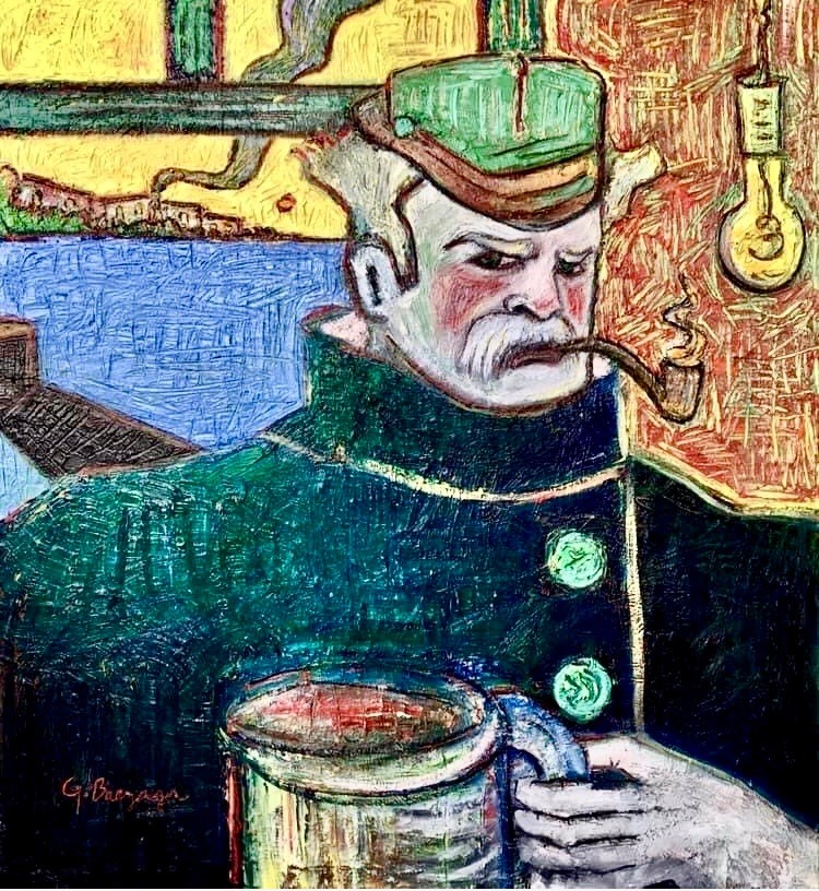 Painting of a man holding a mug with a pipe in his mouth by Yeilem Barzaga