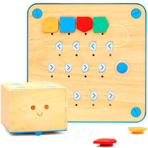 wooden robot, board and blocks