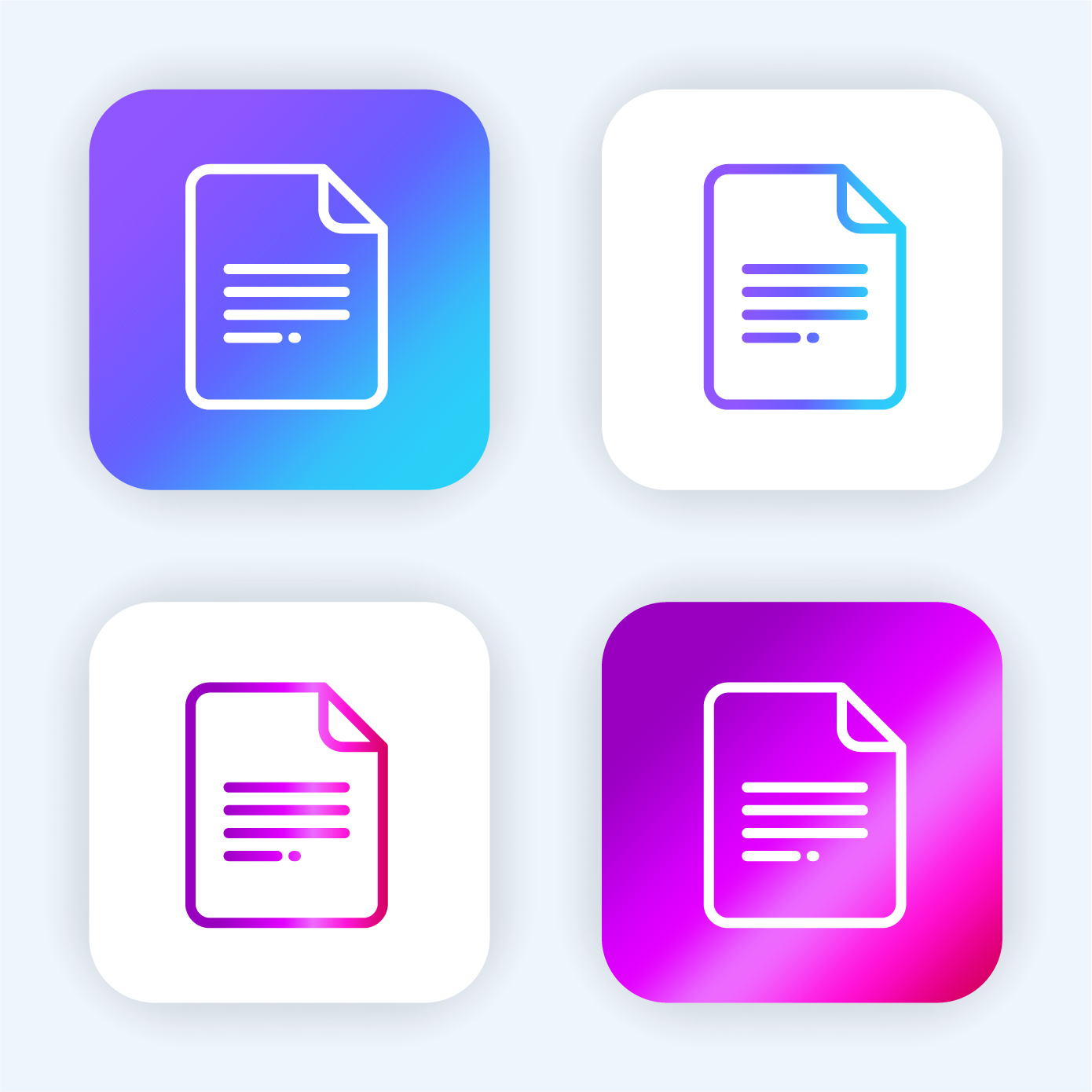 4 document icons set in a square in blue, white, pink, and purple