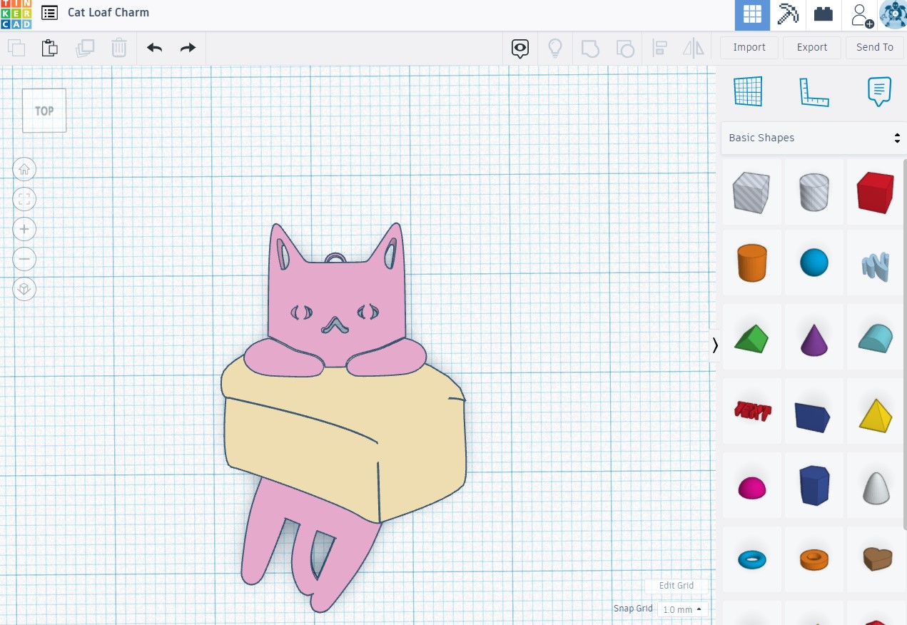 screenshot of Tinkercad program - cat hanging off bread loaf