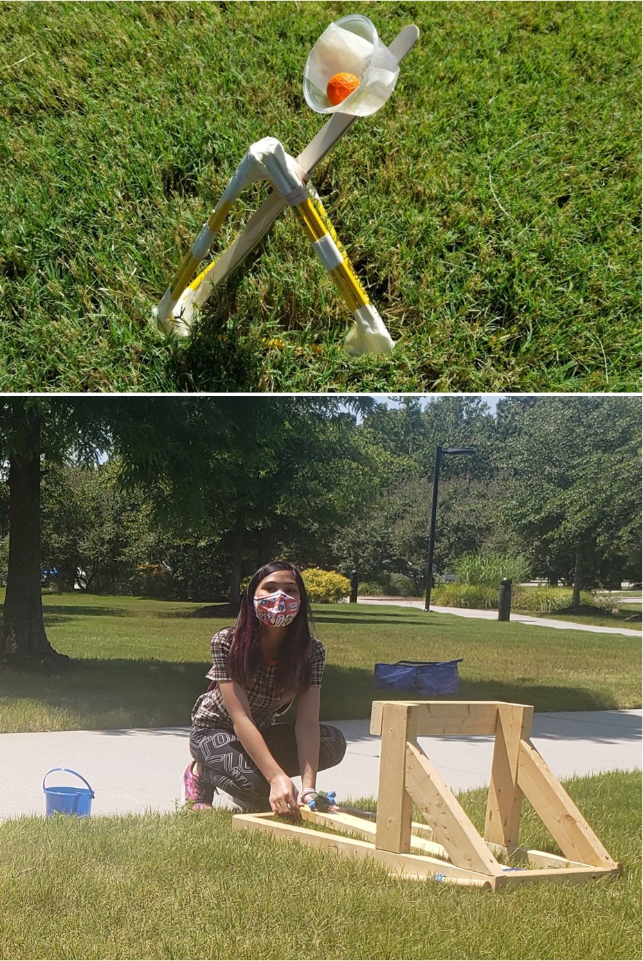Project sample (top) and teen using launch catapult (bottom)