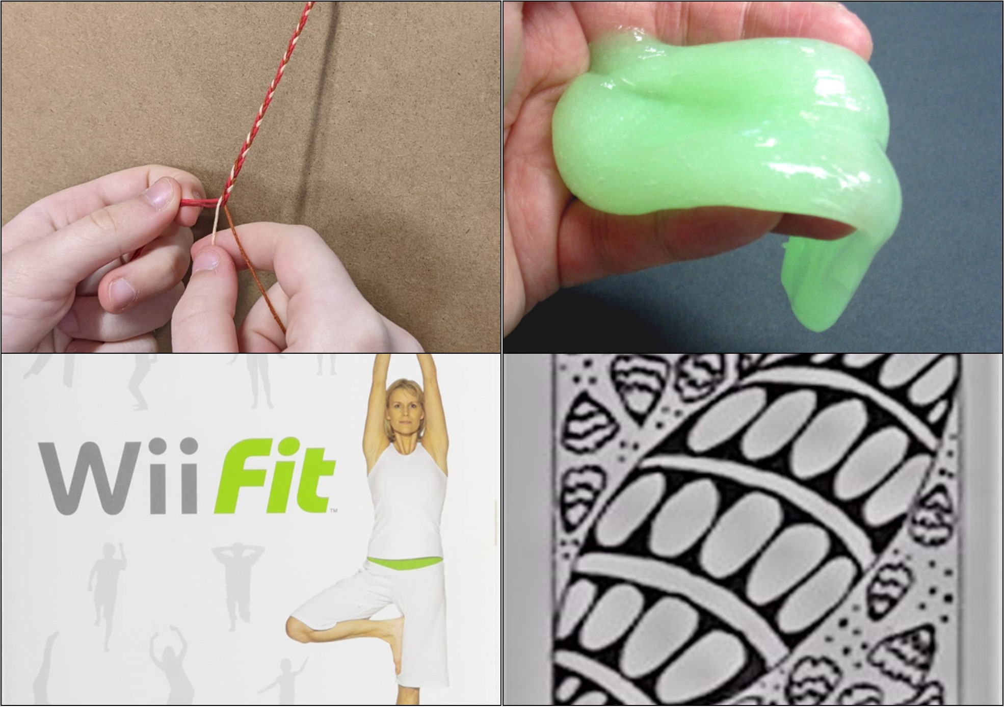 hand crafting friendship bracelet, hand holding slime, cover of Wii Fit video game, Zentangles sample