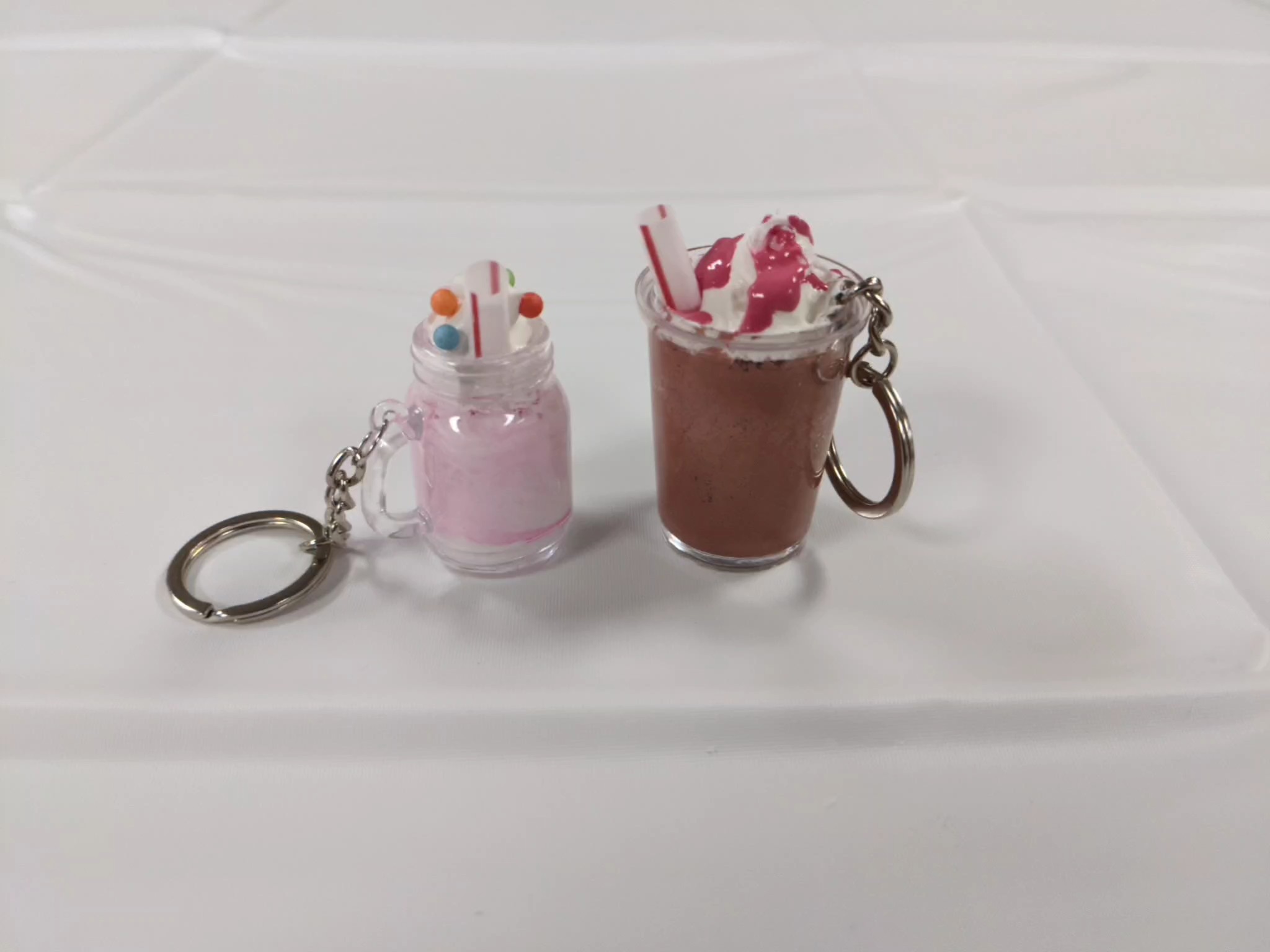 mini milkshake in a mason jar and mini frappe keychains