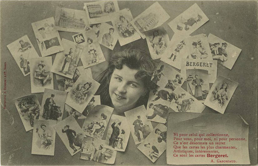 A woman's face surrounded by postcards