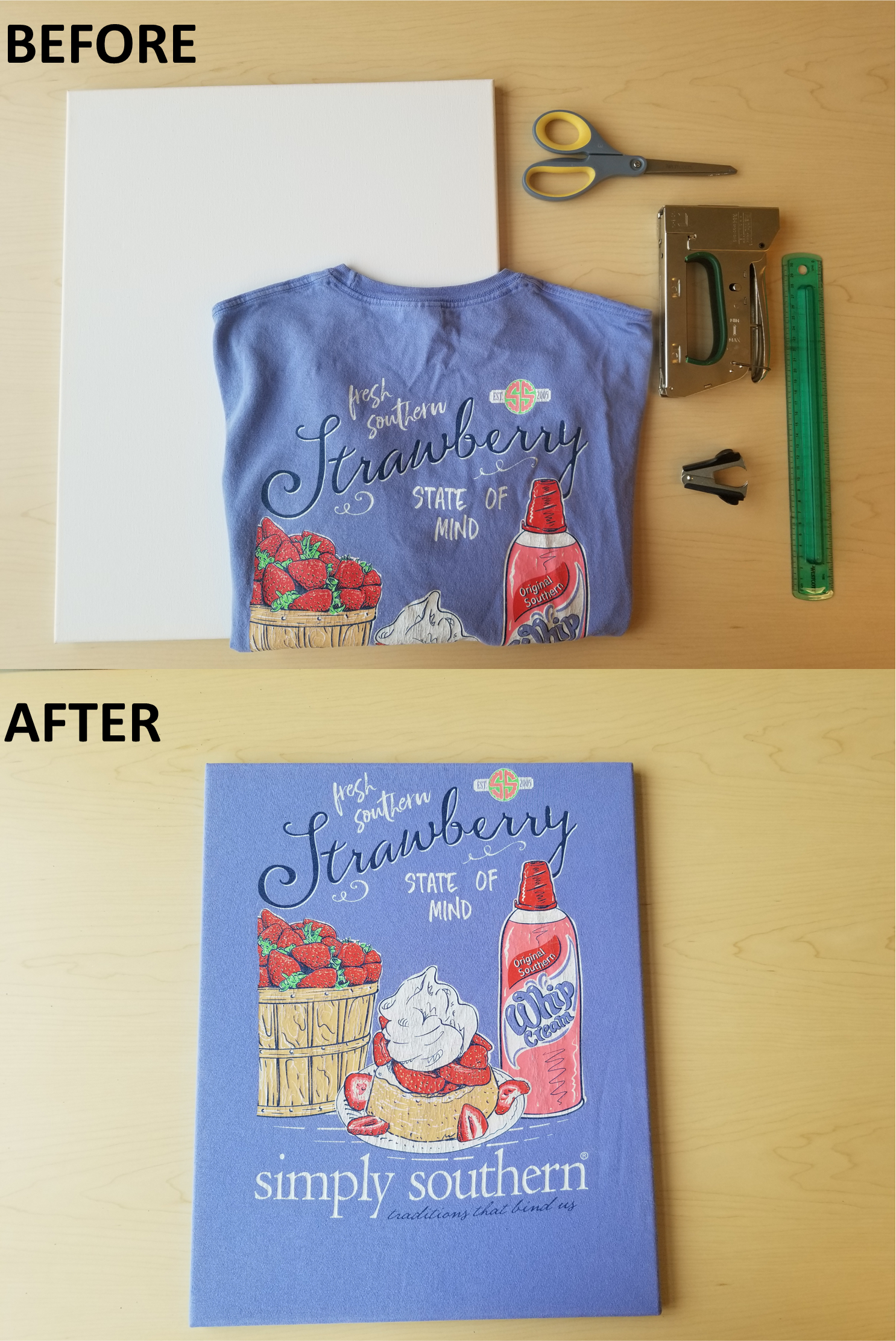 before and after picture of a completed project. tshirt folded sitting on blank white canvas with a ruler, scissors, staple gun, and staple remover at the top. a completed project at the bottom showing a tshirt stretched over the canvas
