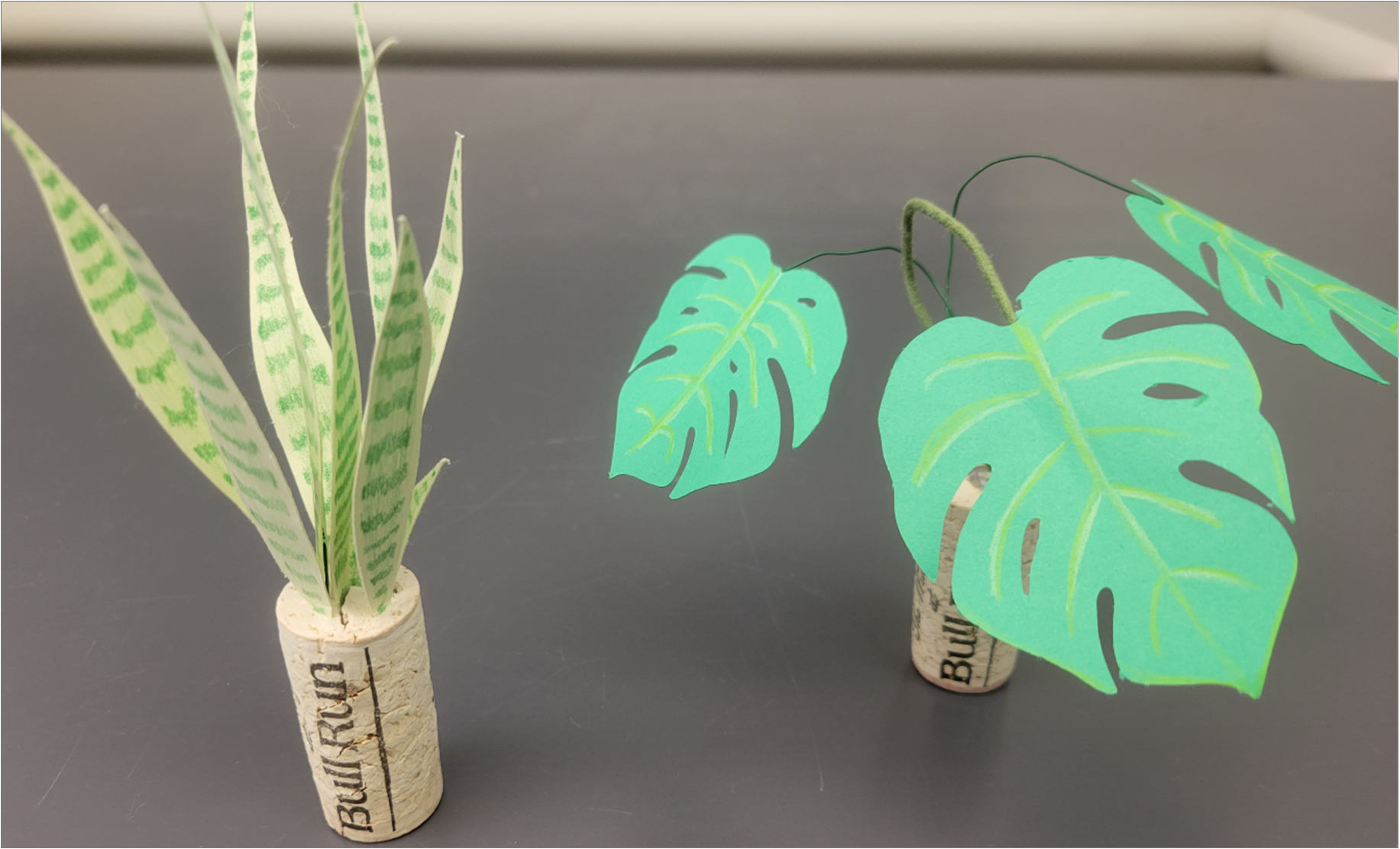 Two plants made out of paper with a cork base. One resembles a snake plant and the other resembles a monstera