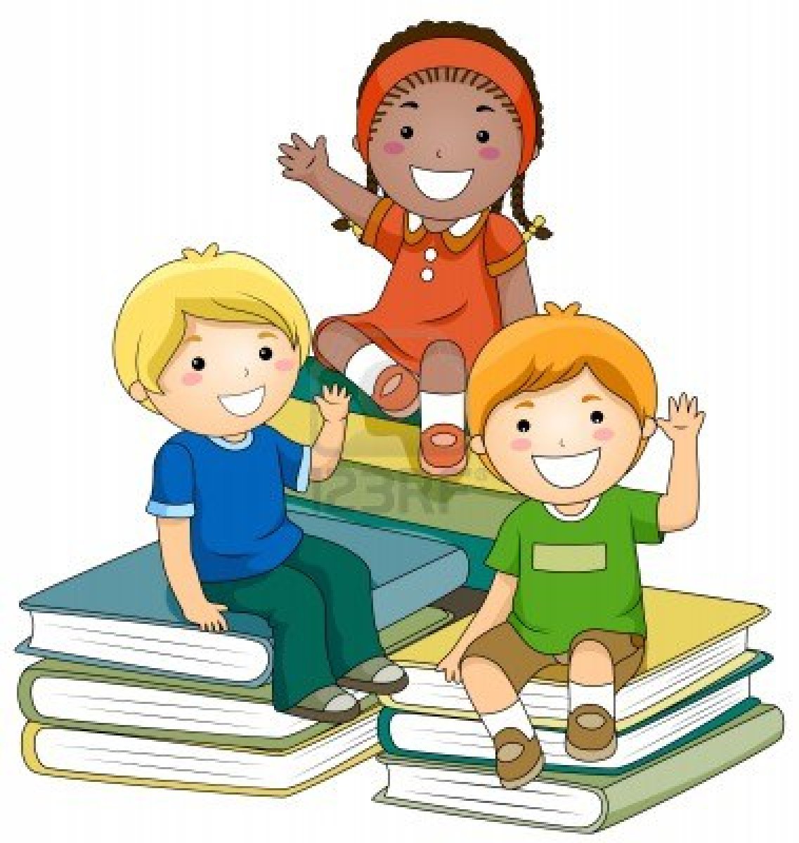 cartoon kids sitting on books waving 