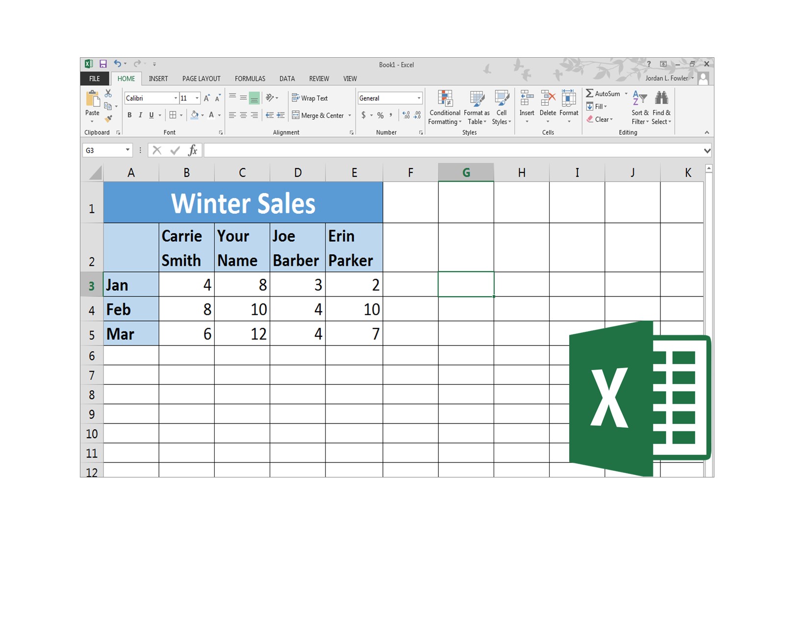 A picture of a spreadsheet showing data with a green Excel logo on it