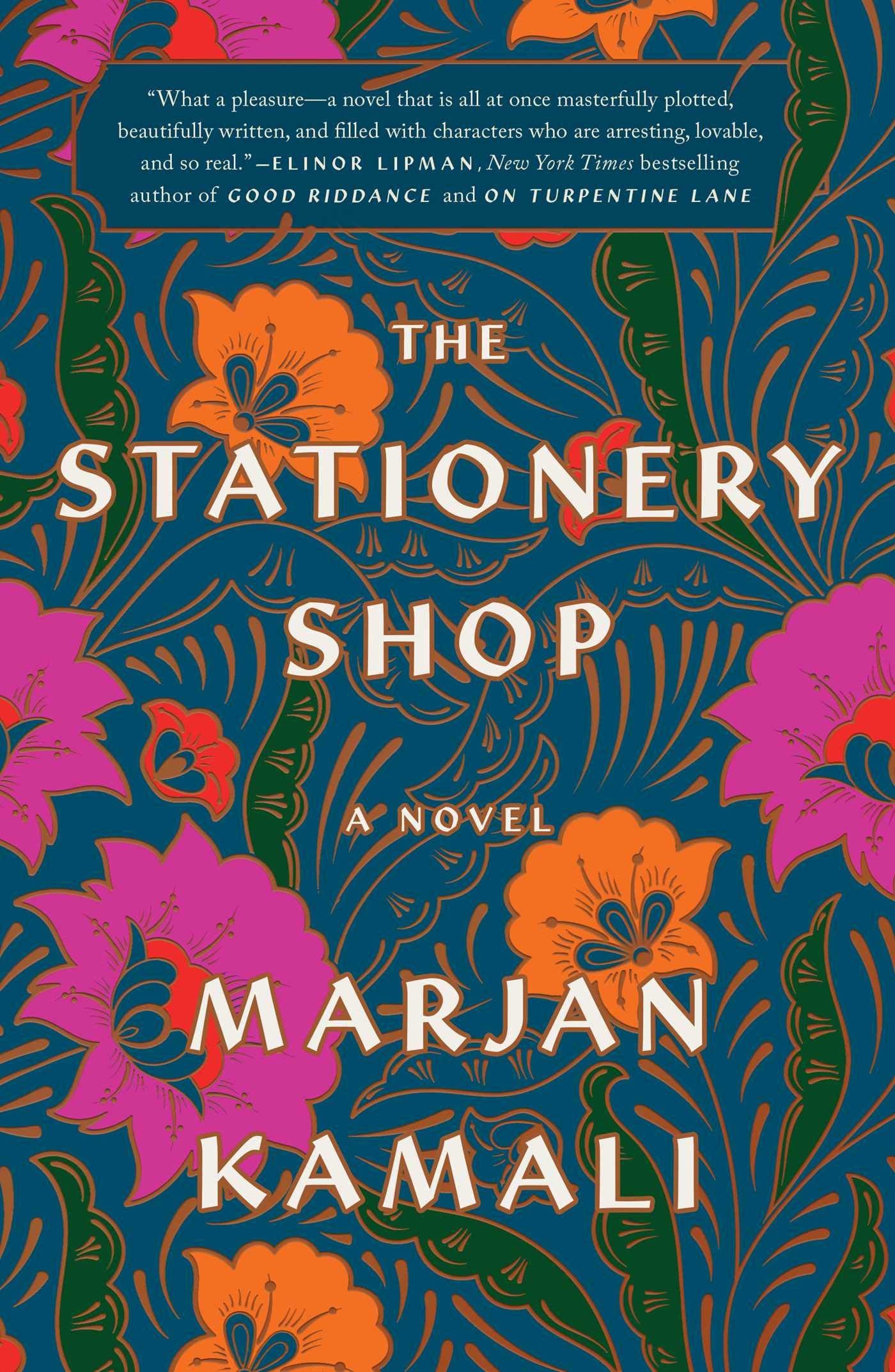 The cover of The Stationery Shop. Stylized in a way reminiscent of stationery, orange and pink flowers are depicted over a teal backdrop.