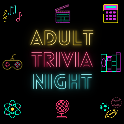 Adult trivia night in yellow, pink, and green neon with icons around it
