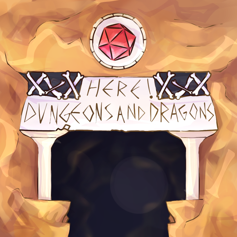 painting featuring archway with words "Here! Dungeons and Dragons" with red D20 dice over arch