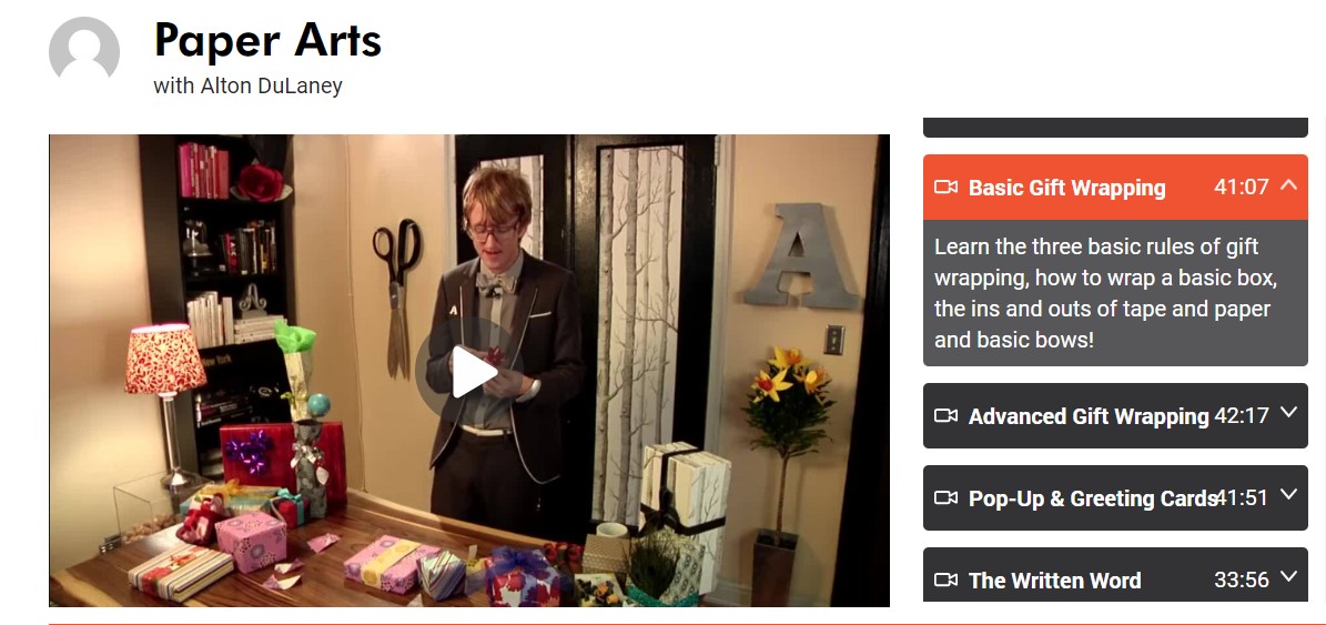 screeenshot of video still on Craftsy - Basic Gift Wrapping with Alton DuLaney