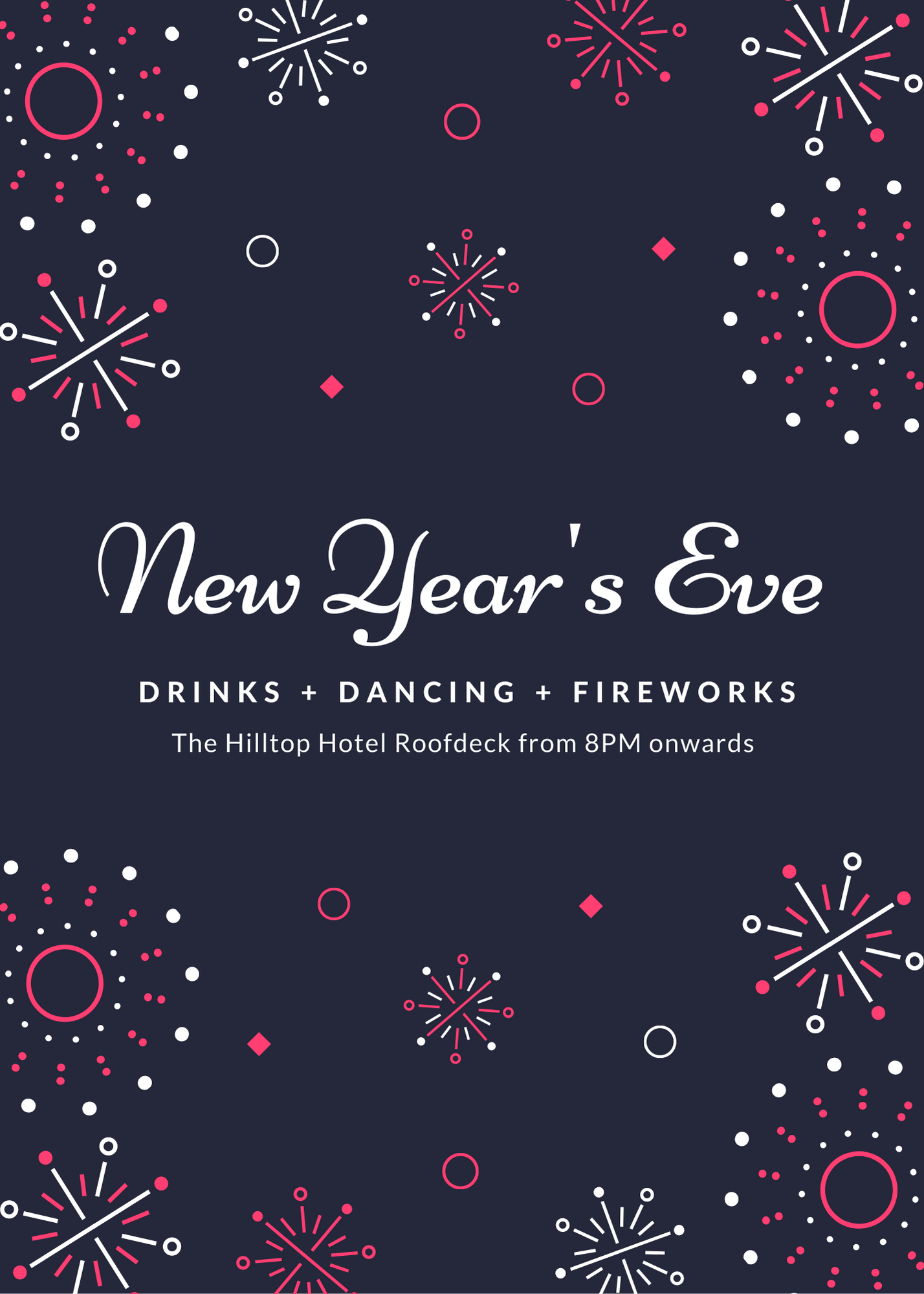 A navy blue invitation to a New Year's Eve party decorated with white and pink fireworks