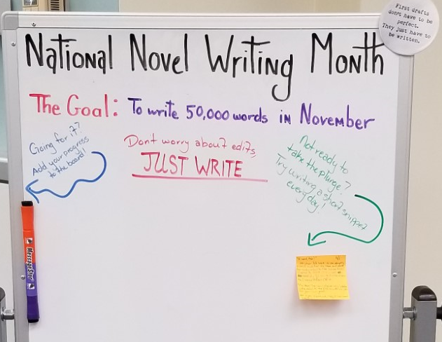 A sign describing NaNoWriMo, or National Novel Writing Month.