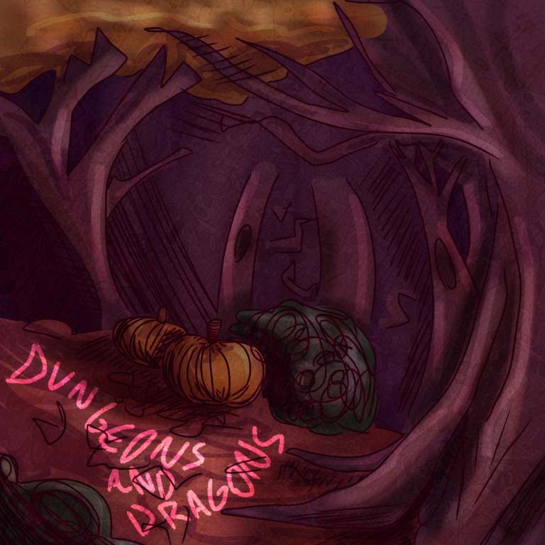 forest scene with pumpkins and words "Dungeons and Dragons"