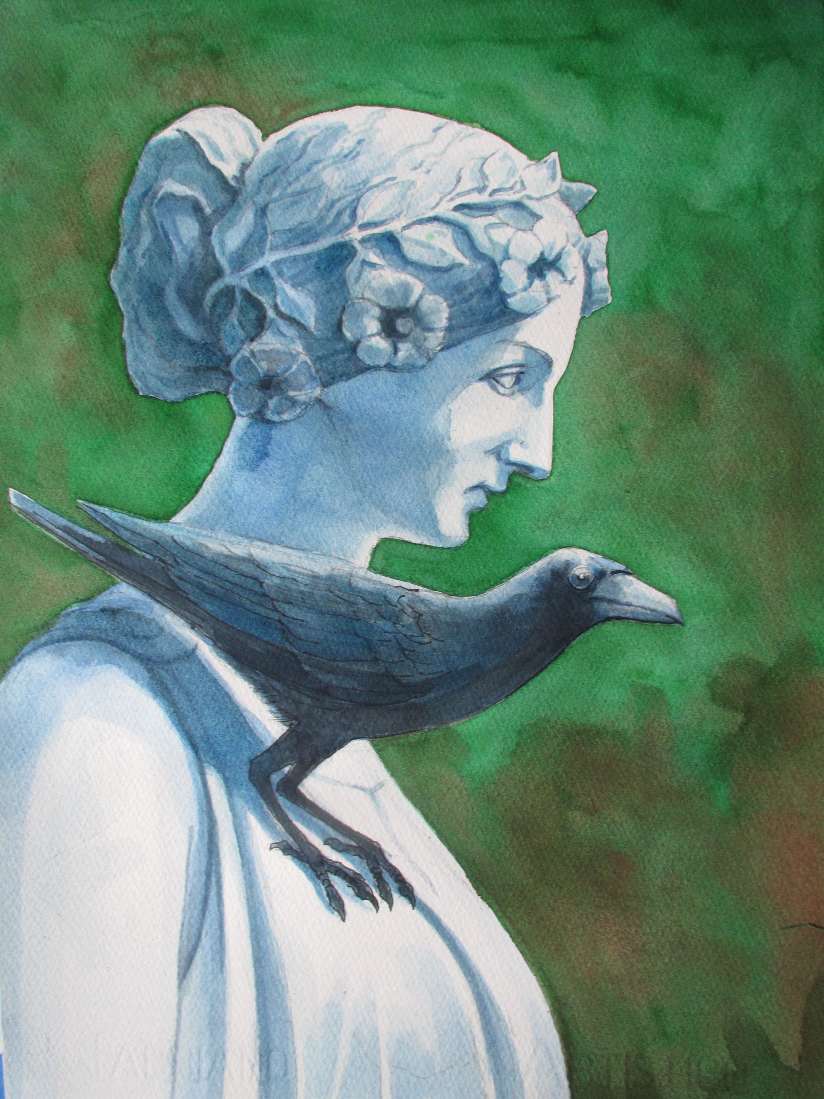 Watercolor painting, The Guardian, of a statue with bird on its shoulder by Peter Mikulka