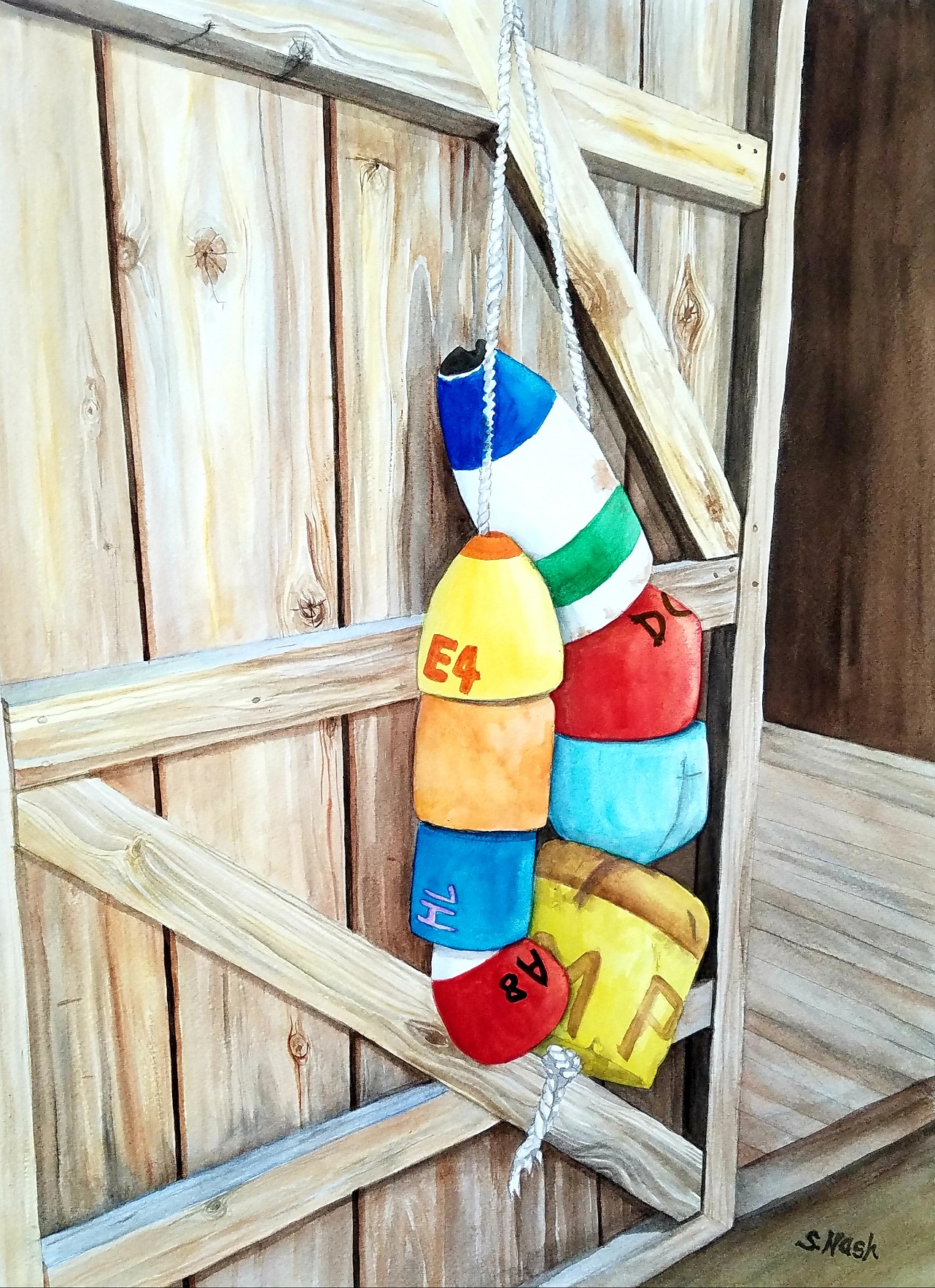 Watercolor painting of buoys by S. Hask