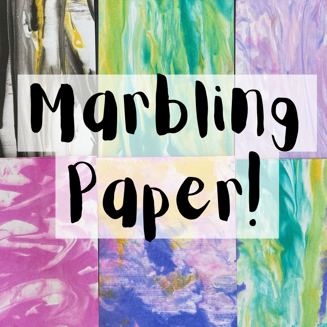 Examples of different marbled paper using colors like blue, green, pink, and purple