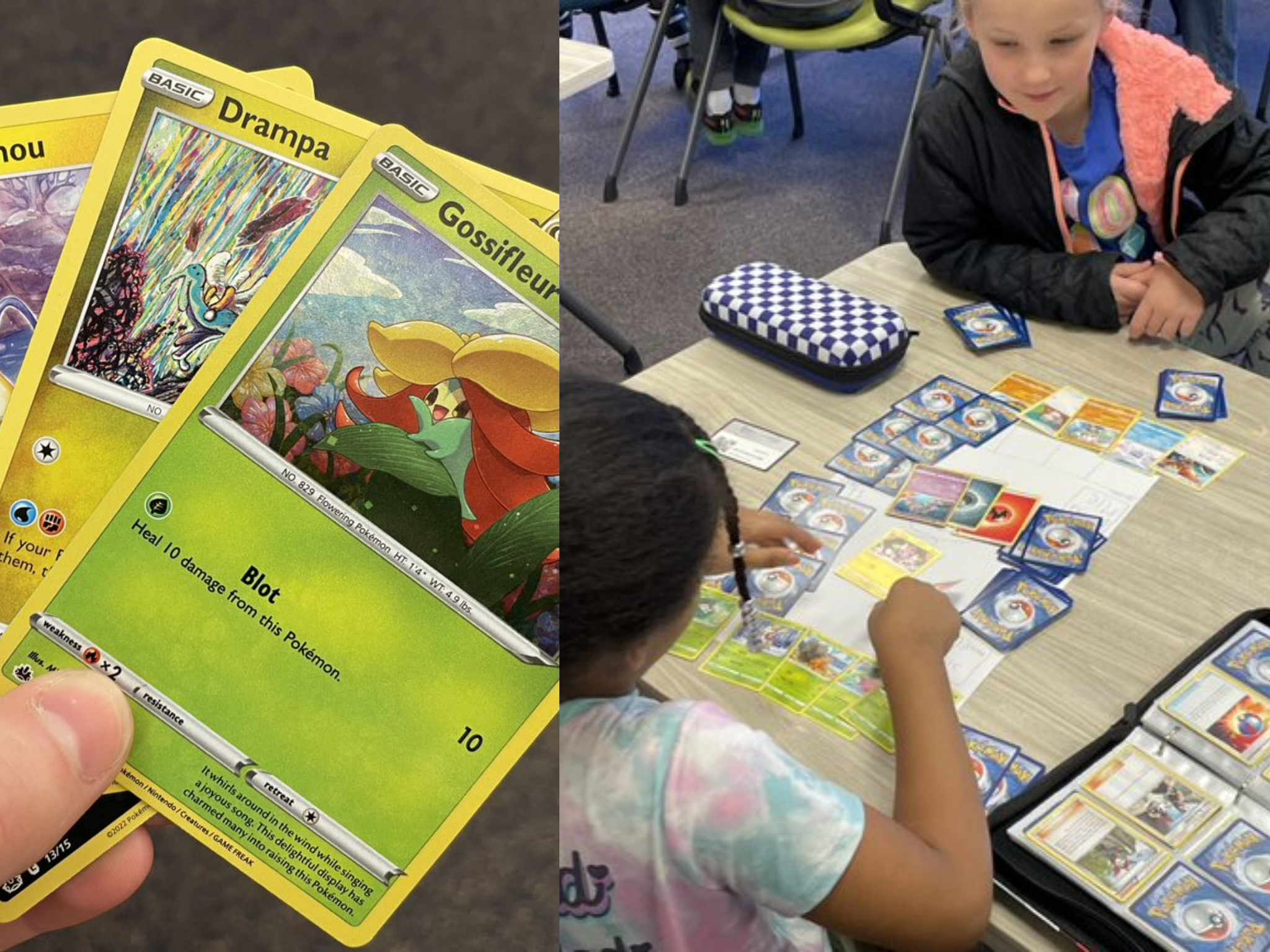 Side by side of a hand of Pokemon cards and children playing a game with them