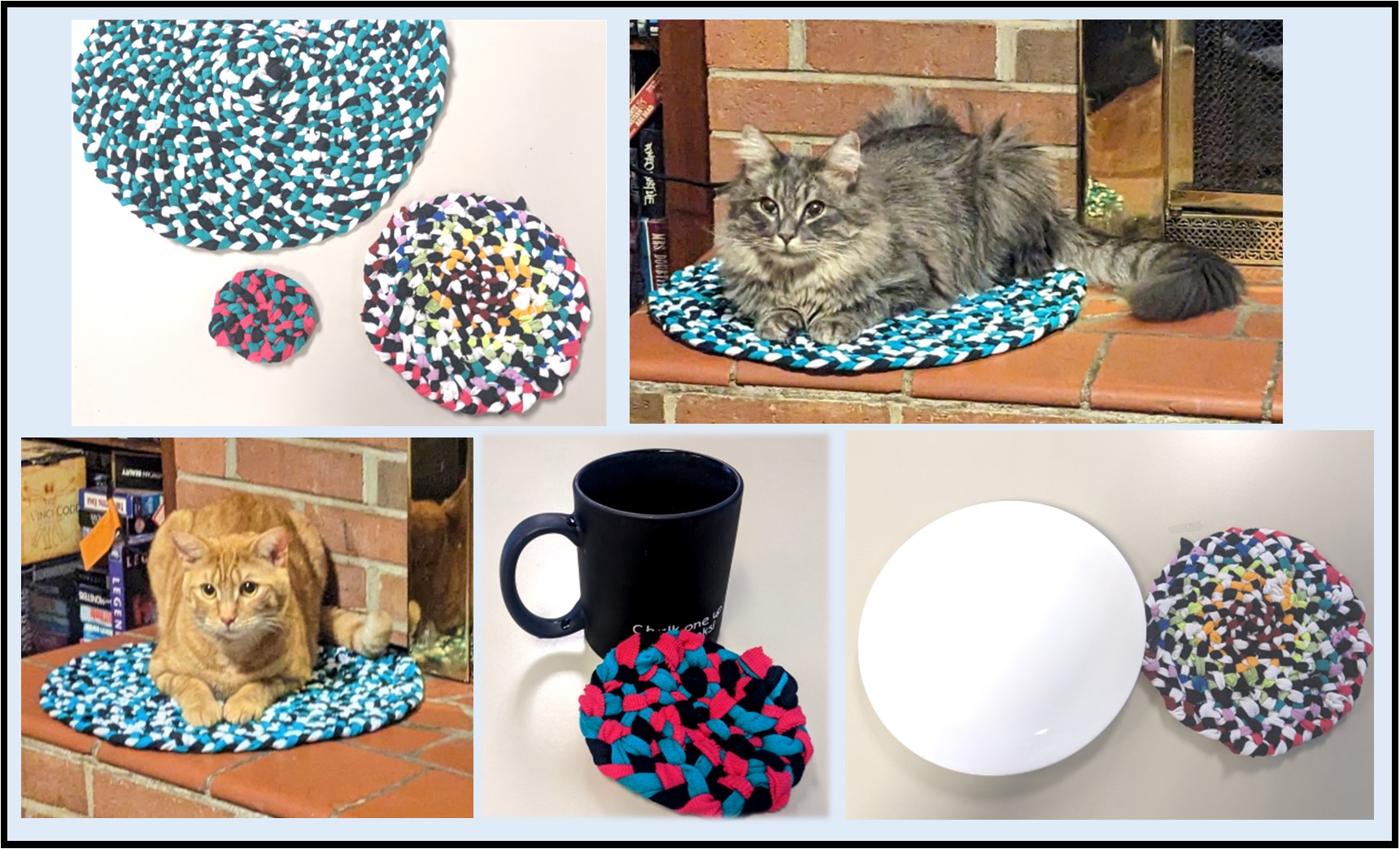 3 different t-shirt braided projects, gray fluffy cat on a rug, orange cat on a rug, black mug and coaster, and white plate with mat