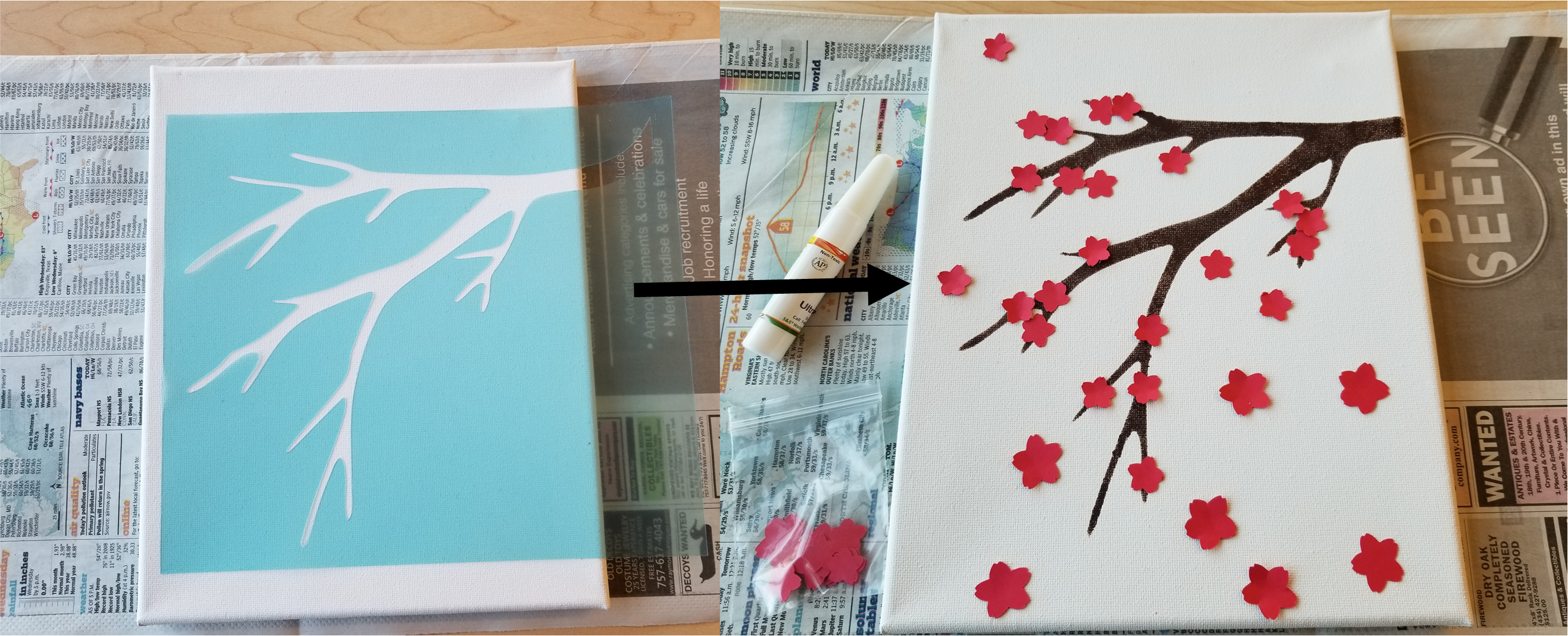 Before and after picture of completed project. Branches stencil positioned on blank white canvas on the left. Painted brown branches with red cherry blossom petals on the right after picture.