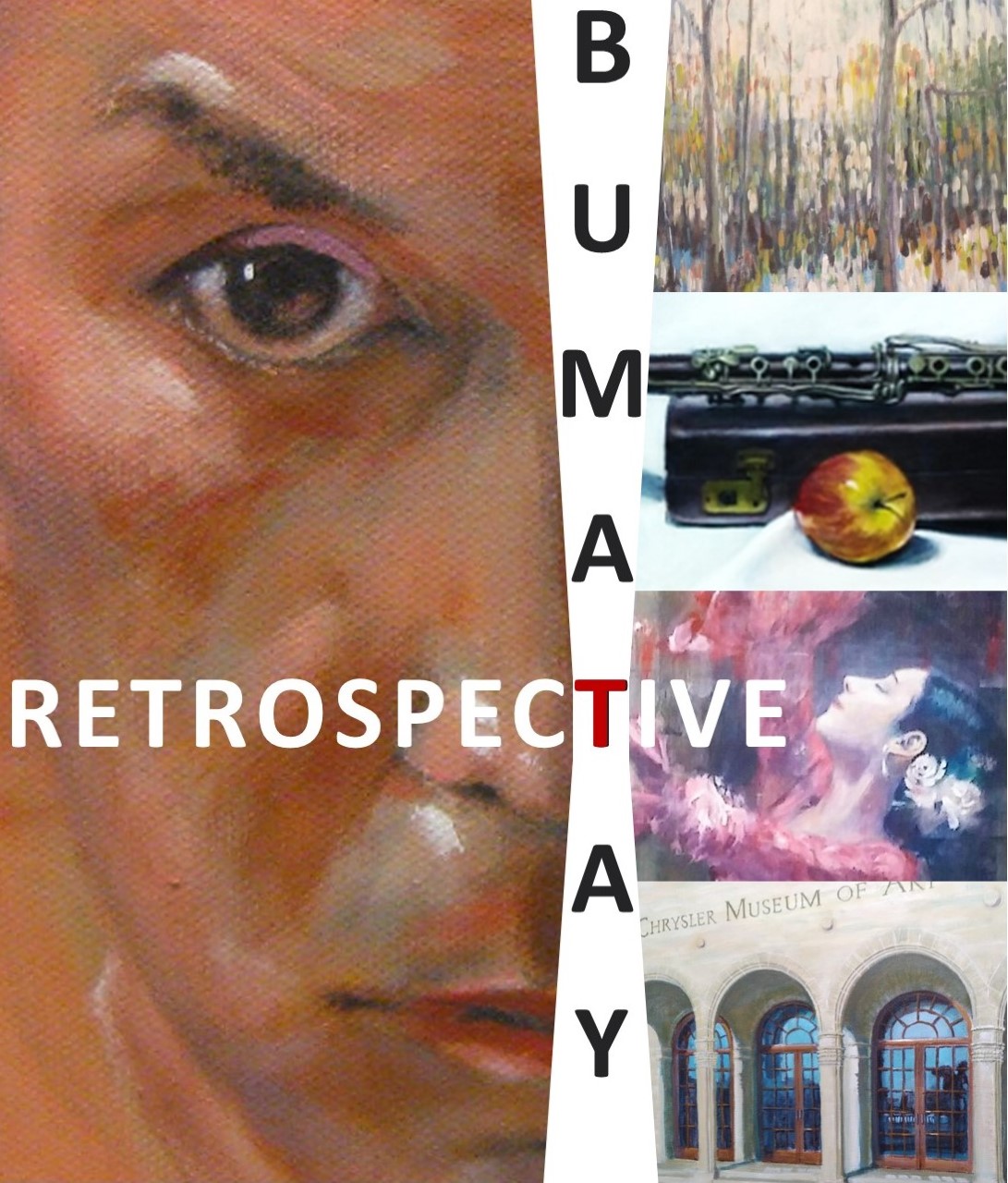 Image of artist retrospective announcement included a portrait painting on the left and several small paintings on the righ