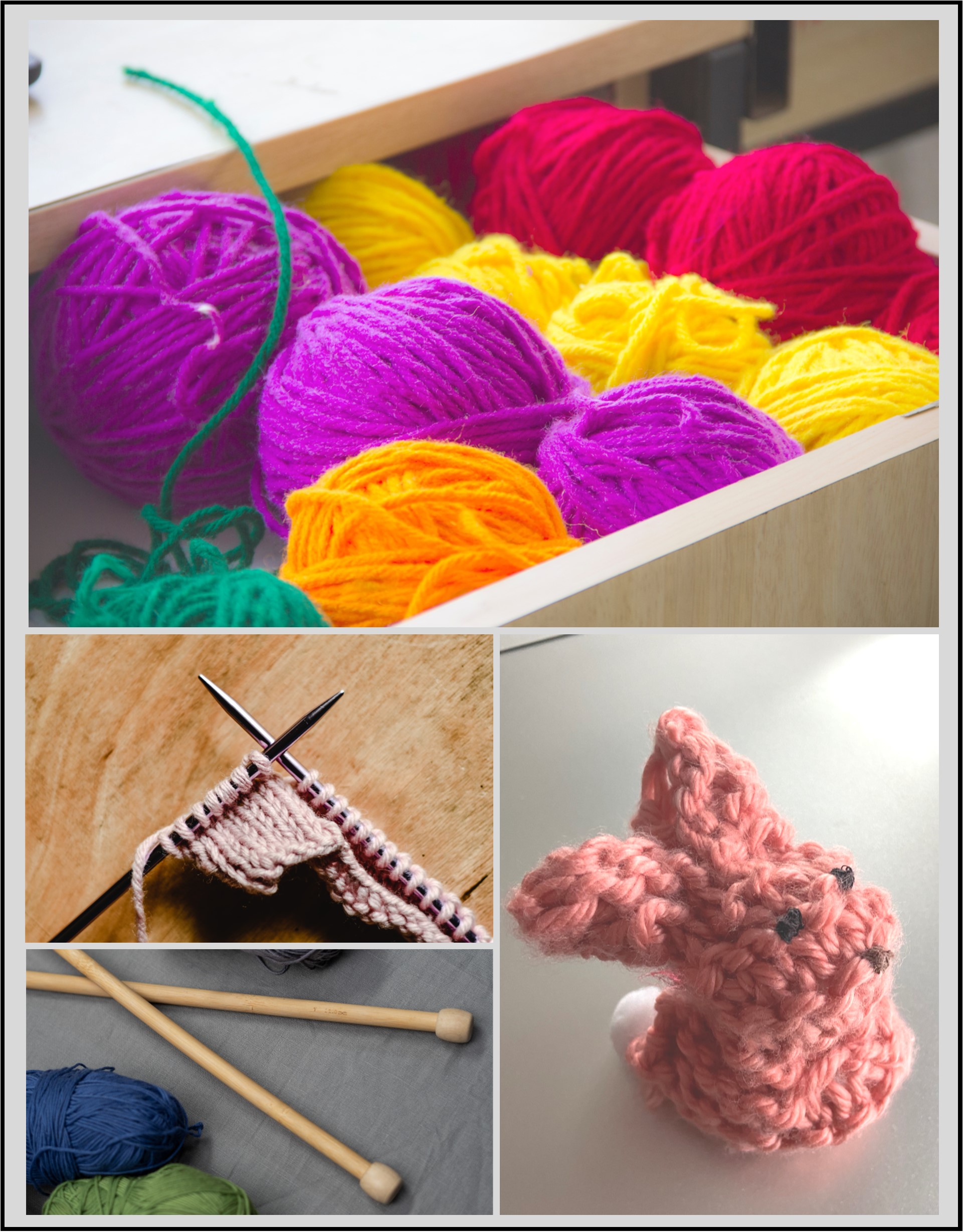 colorful balls of yarn in a box, knitting needles and yarn, and a knitted bunny