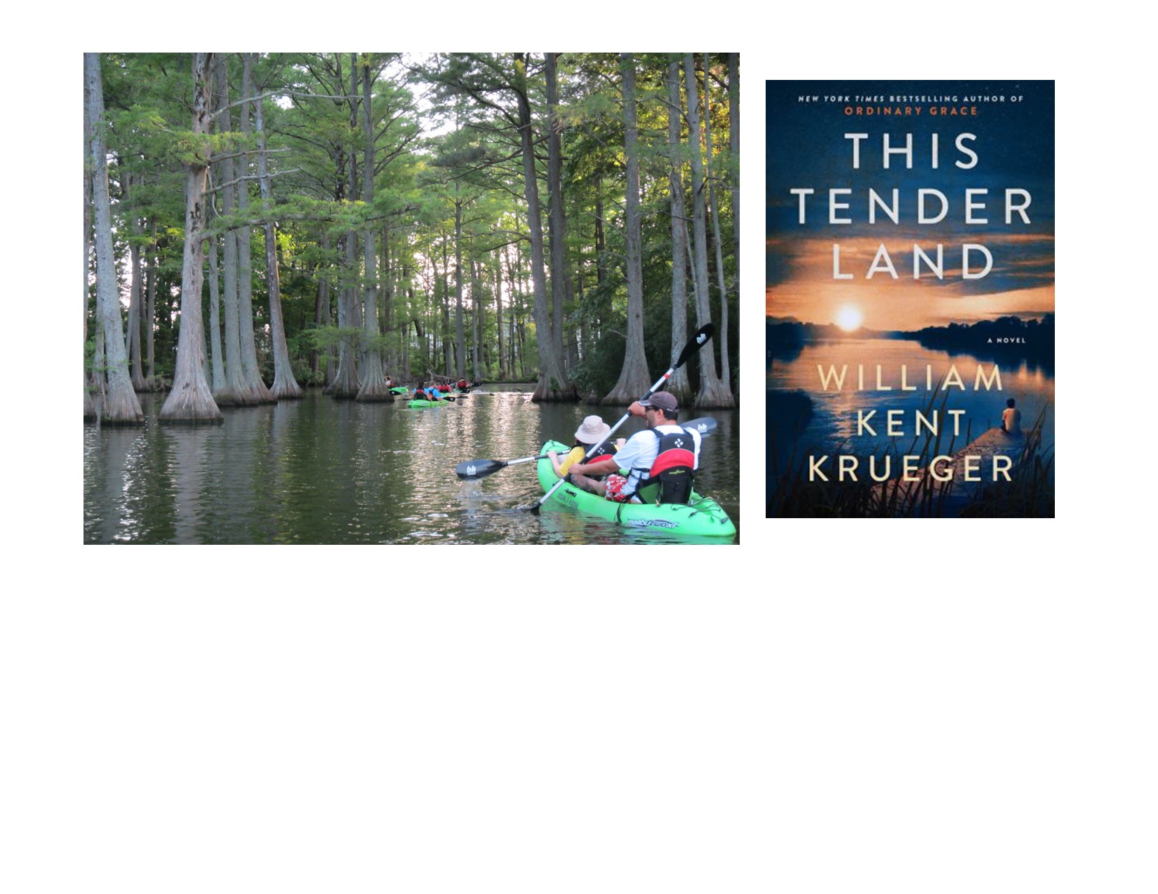 People kayaking and This Tender Land book cover