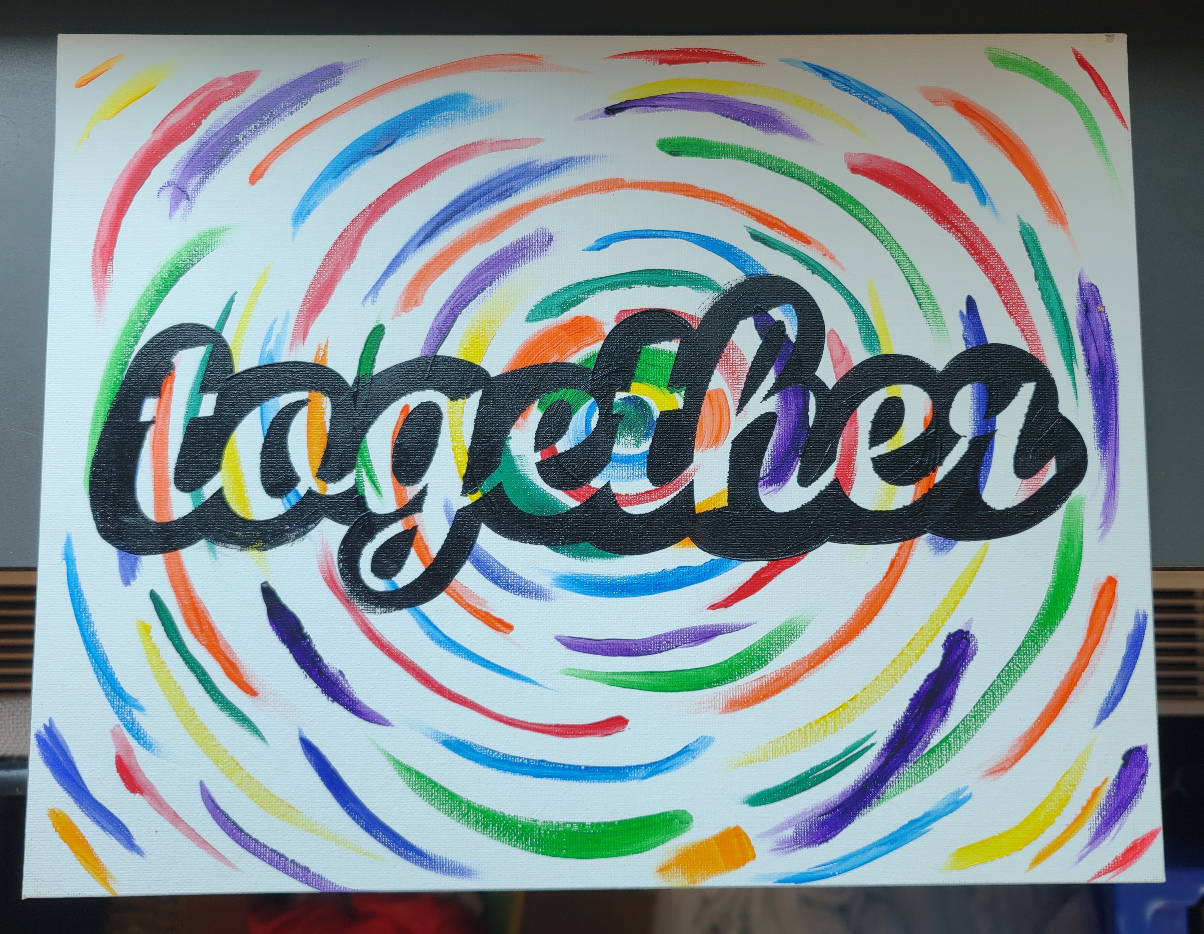Image of Painting with circular lines of paint with the word together stenciled over it.