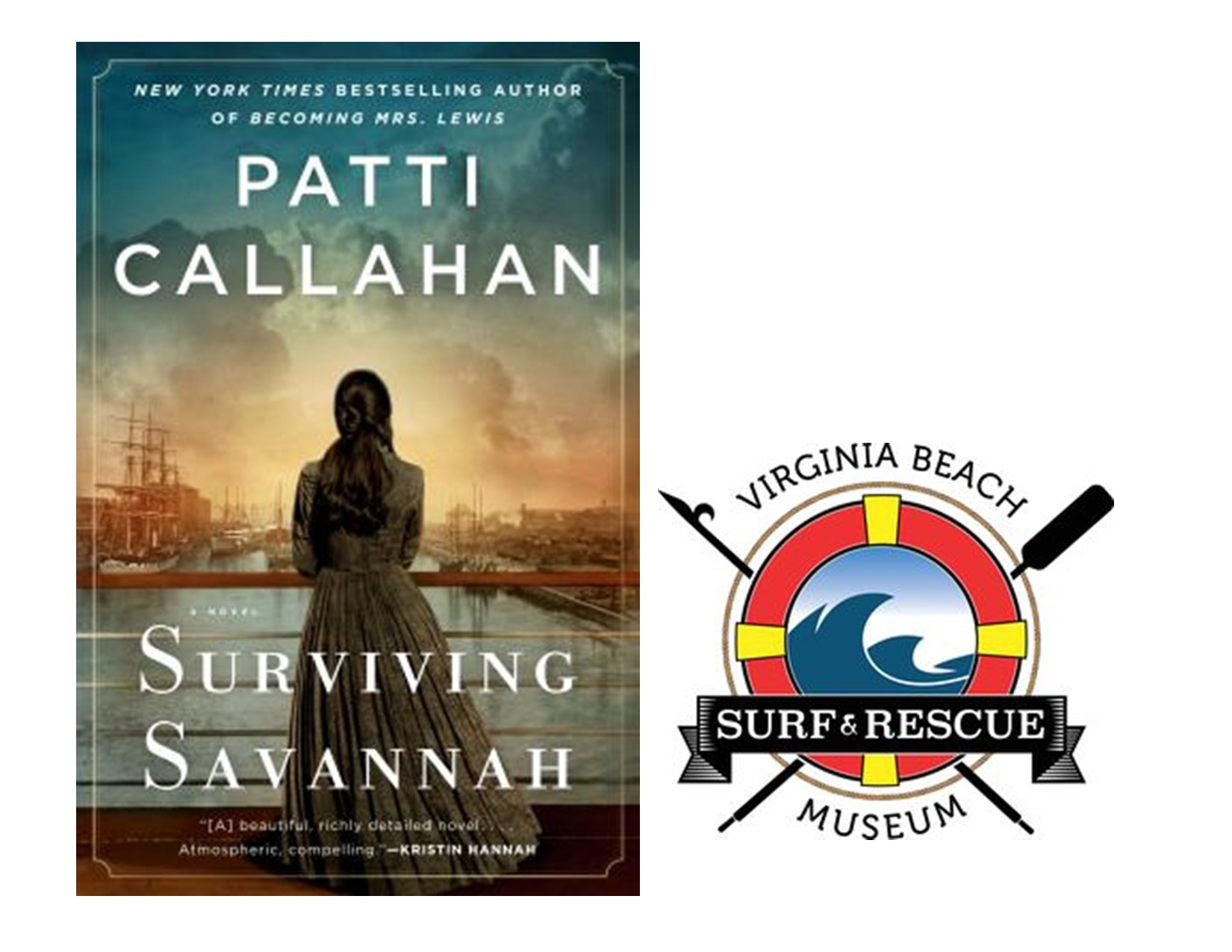 Surviving Savannah book cover and logo for Virginia Beach Surf and Rescue Museum
