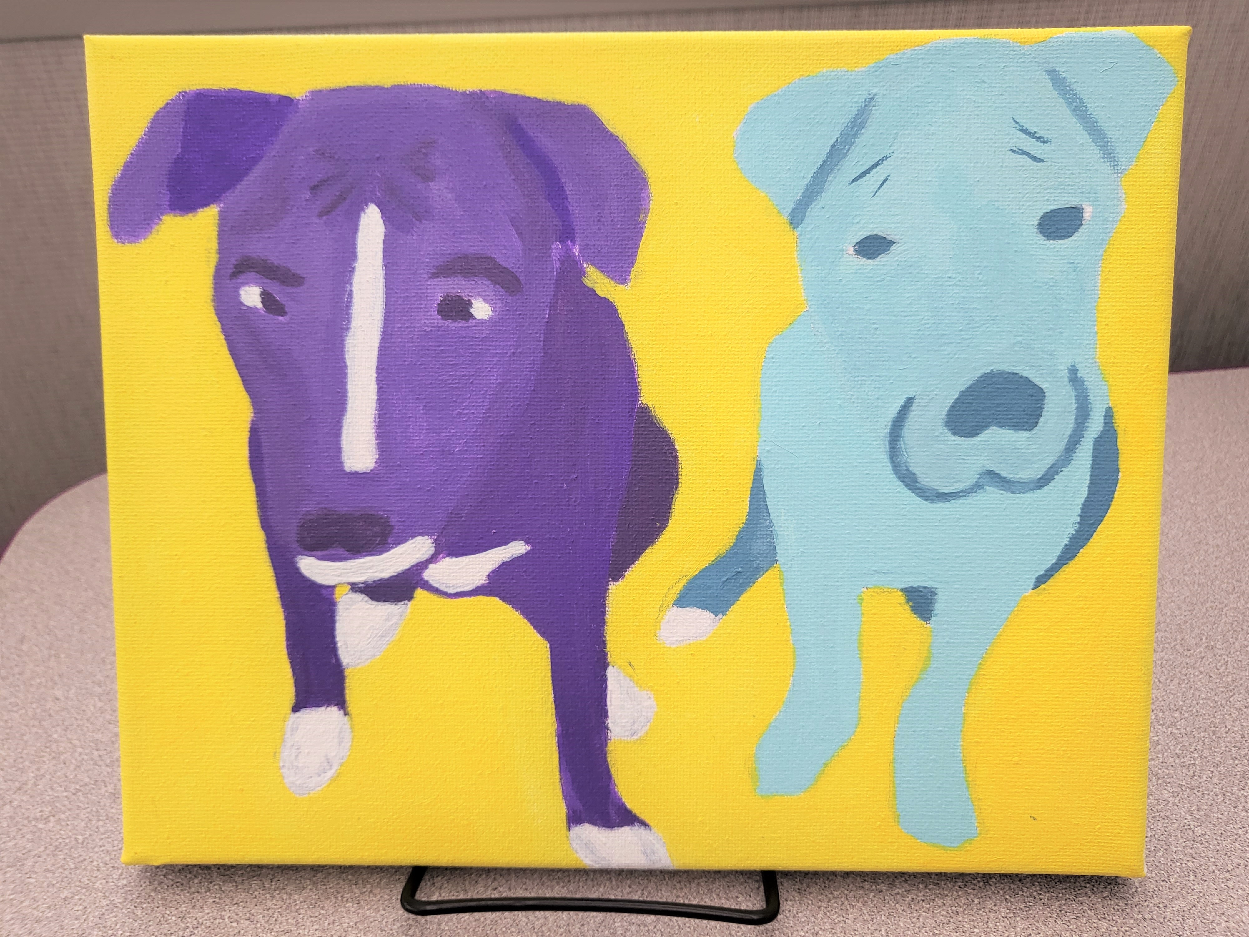 A brightly colored painting of two dogs