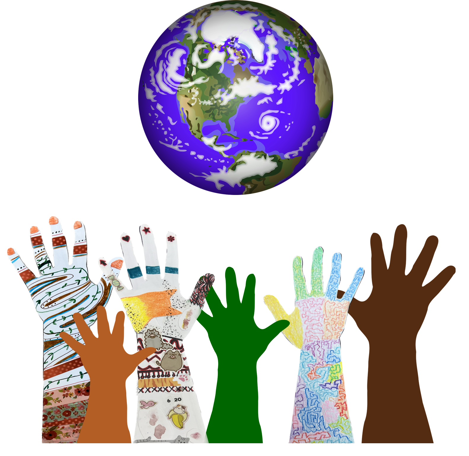 multi-colored hands appearing to hold up the earth
