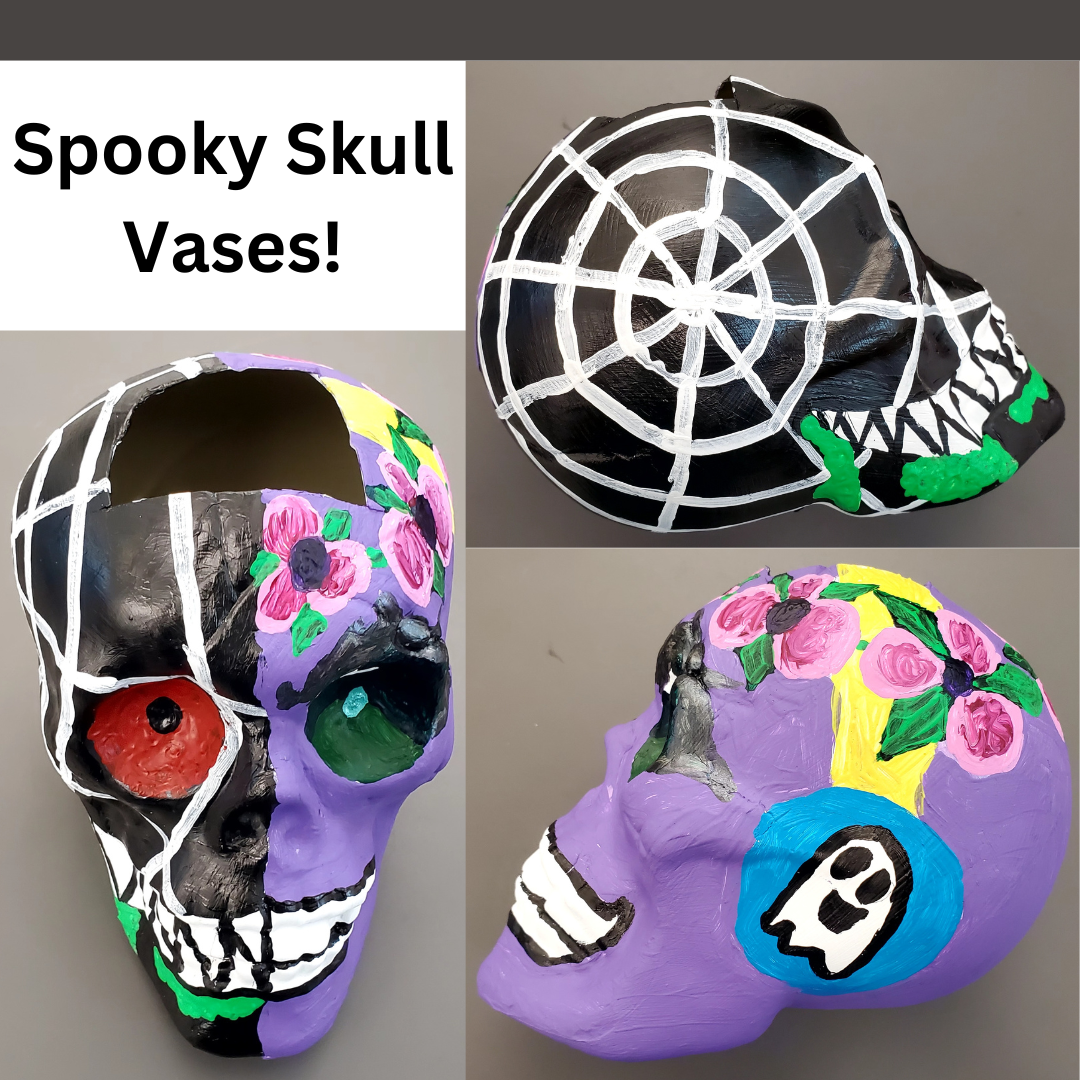 Black text on white background that says: "Spooky Skull Vases" on the top left corner, the right corner has the right profile of a painted skull. The skull has a black background with a spiderweb. The skull has lime green slime coming from the mouth. The bottom right has the left profile of the skull which has a pink flowercrown. Under the flowercrown there's headphones: yellow headband and blue earphone with ghosts on the earphone. The bottom left has the front of the skull.