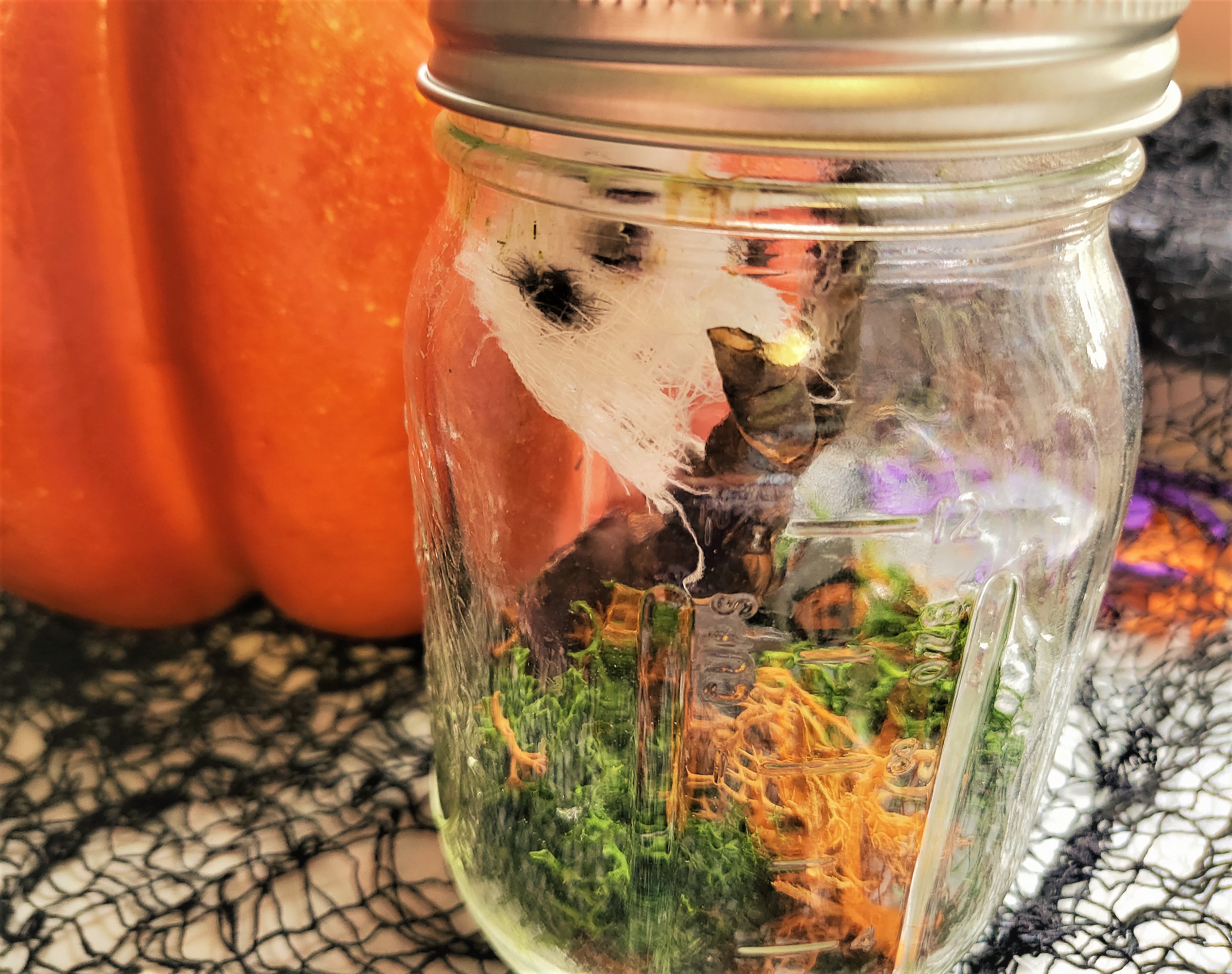 Image of a cemetery-themed terrarium in a mason jar, including a ghost, trees, grass, and tombstones