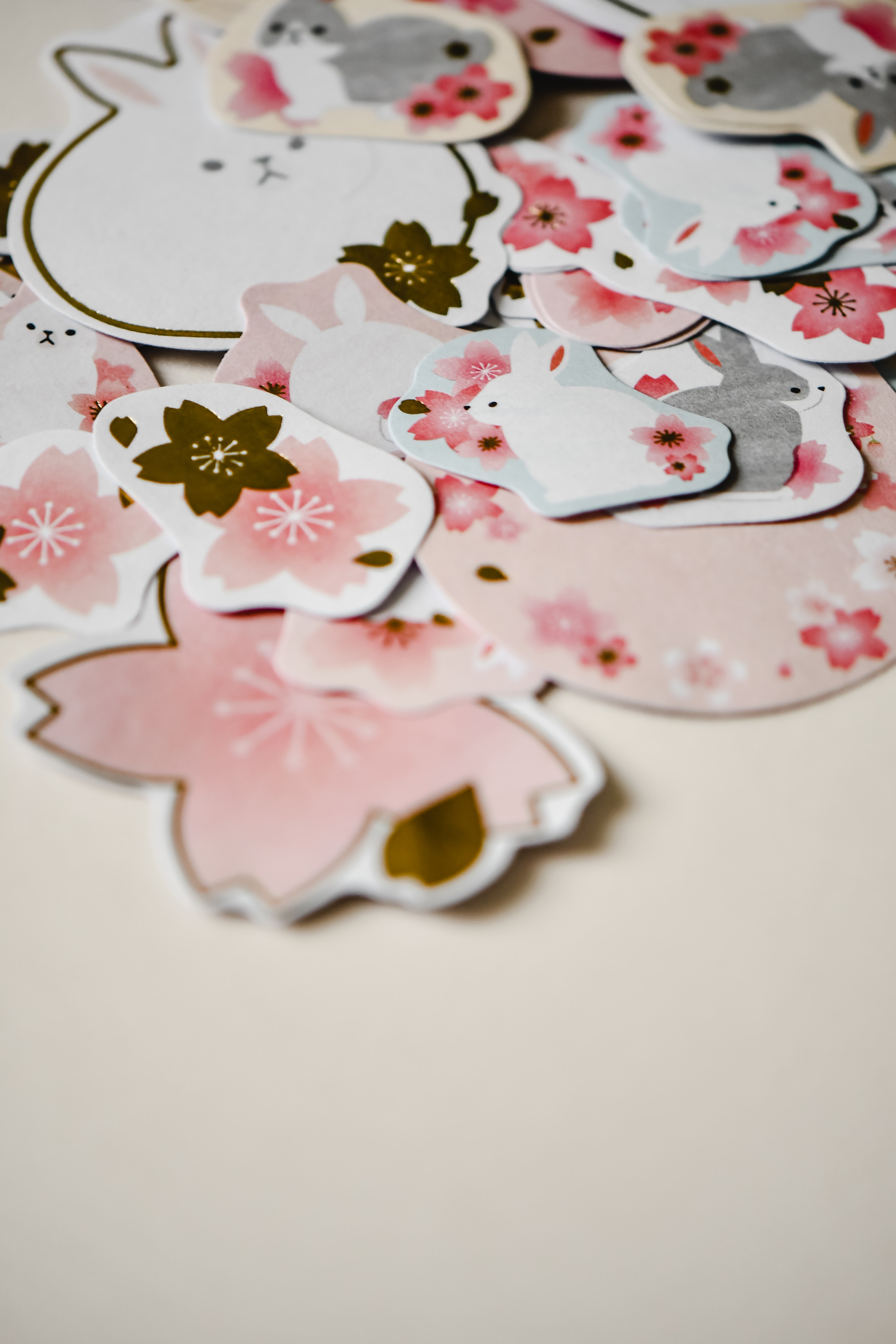 close up of stickers (cherry blossoms and bunnies)