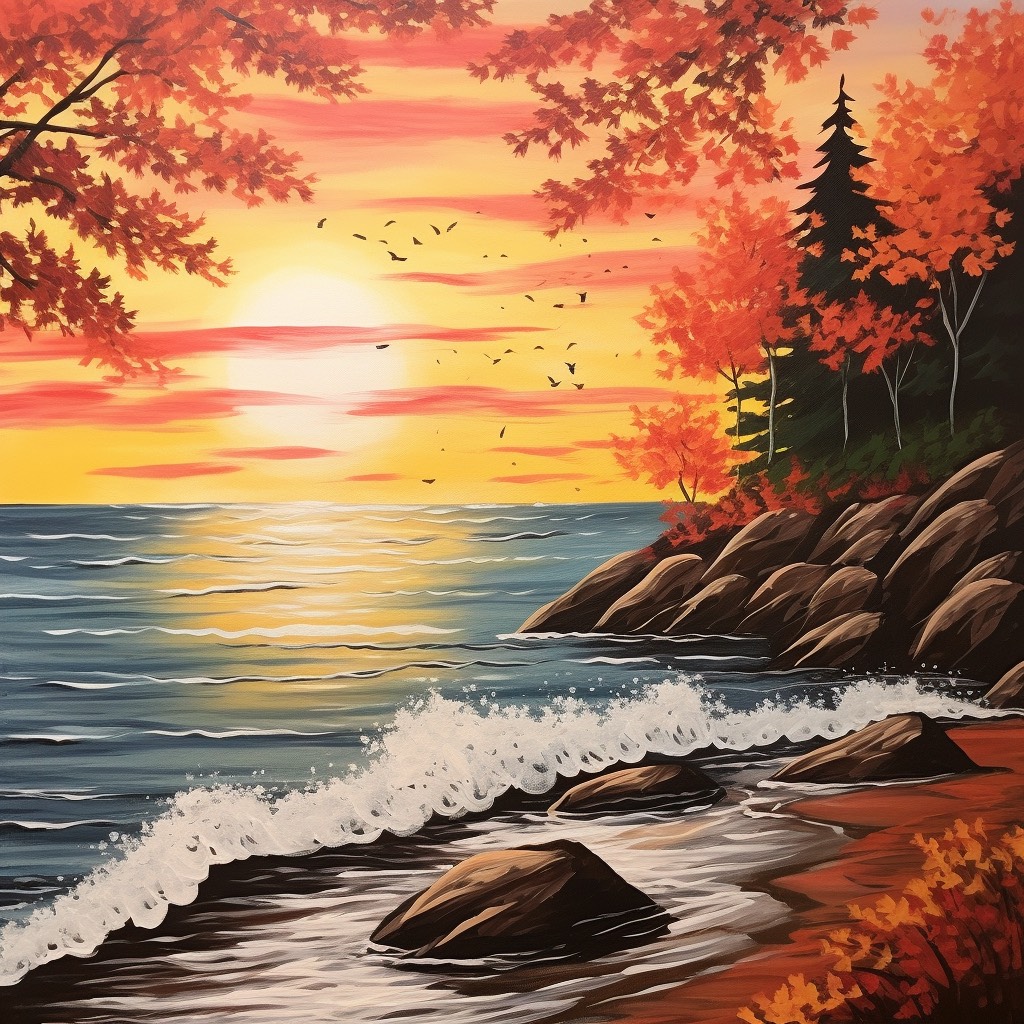 Painting of autumn by the ocean