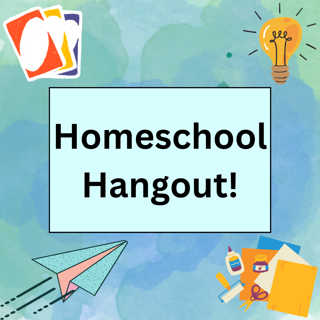 Black text on light blue background "Homeschool Hangout!", blue and green paint-splotch background, top left corner: Colorful Uno cards, top right corner: yellow lightbulb drawing with black lines showing light, bottom right: art supplies like glue, paint roller, colorful papers, and scissors, and bottom left: blue and pink paper airplane