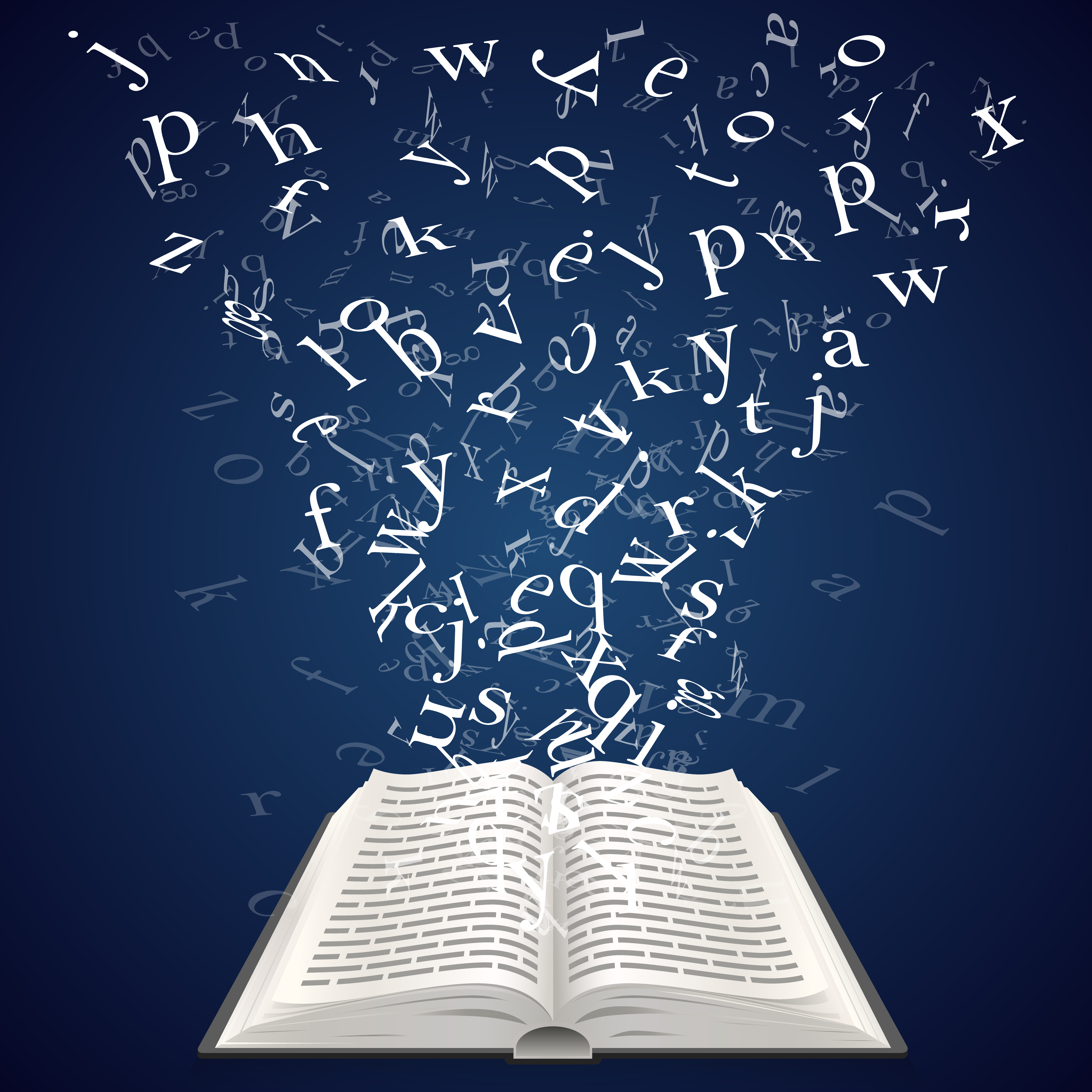 Image of an Open book with letters flying out of it