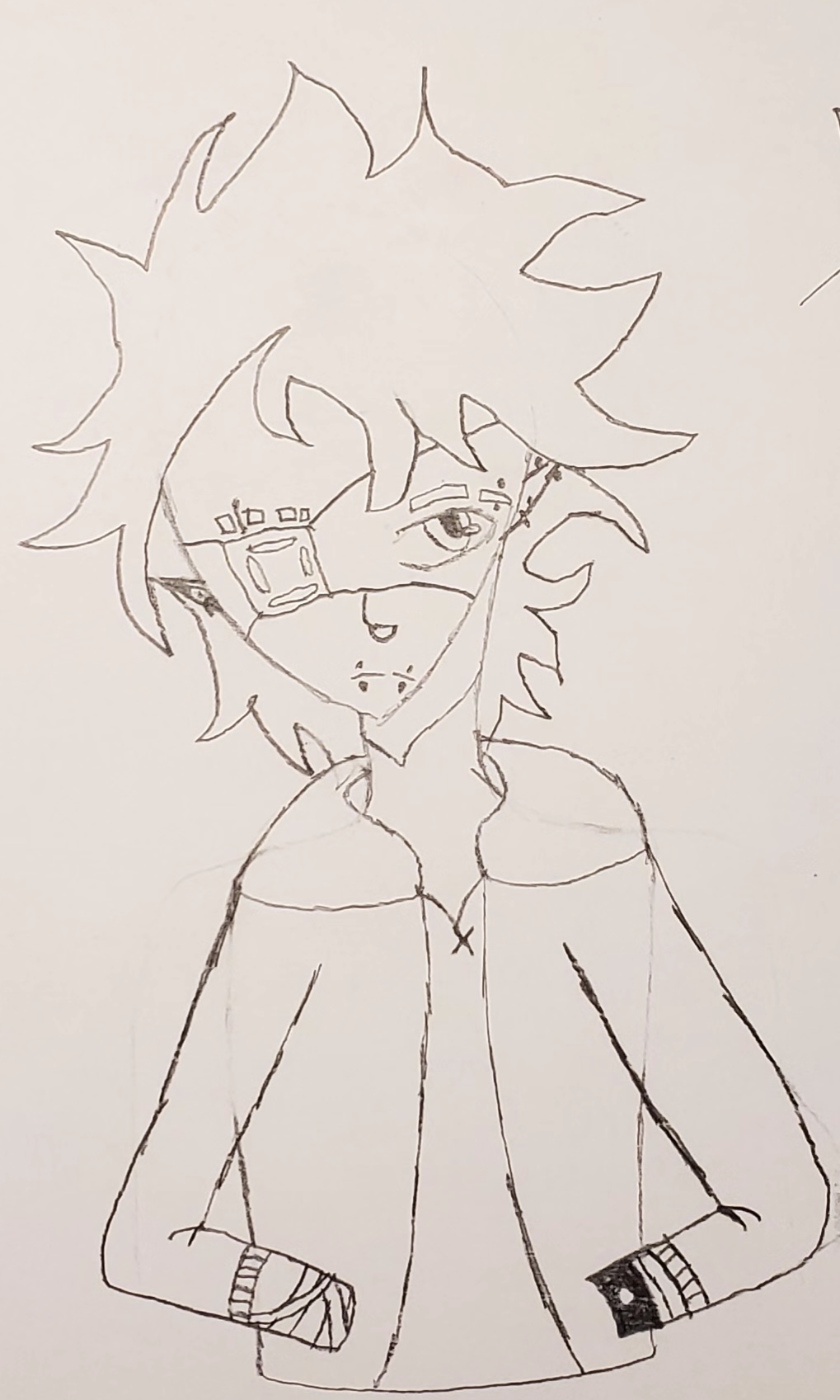 Teen drawing of a character with wild spiky hair, eyelash piercings, an eyepatch on their right eye, snakebite mouth piercings, who is frowning, wearing a hoody with a plain shift underneath. Their hands are in their pockets. The drawing is in grey pencil and it's from the waist up.