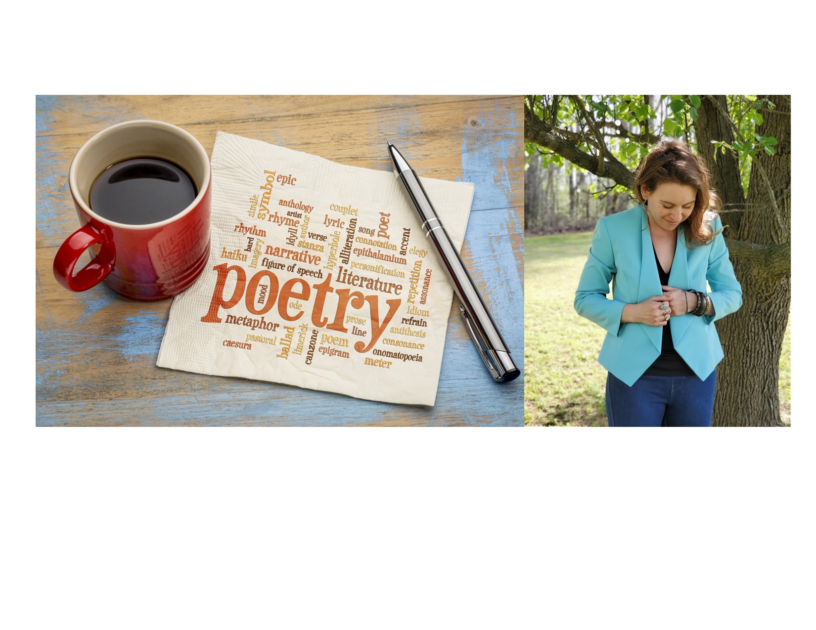 Mug with tea poetry napkin with pen and portrait of Heather Brown Barrett