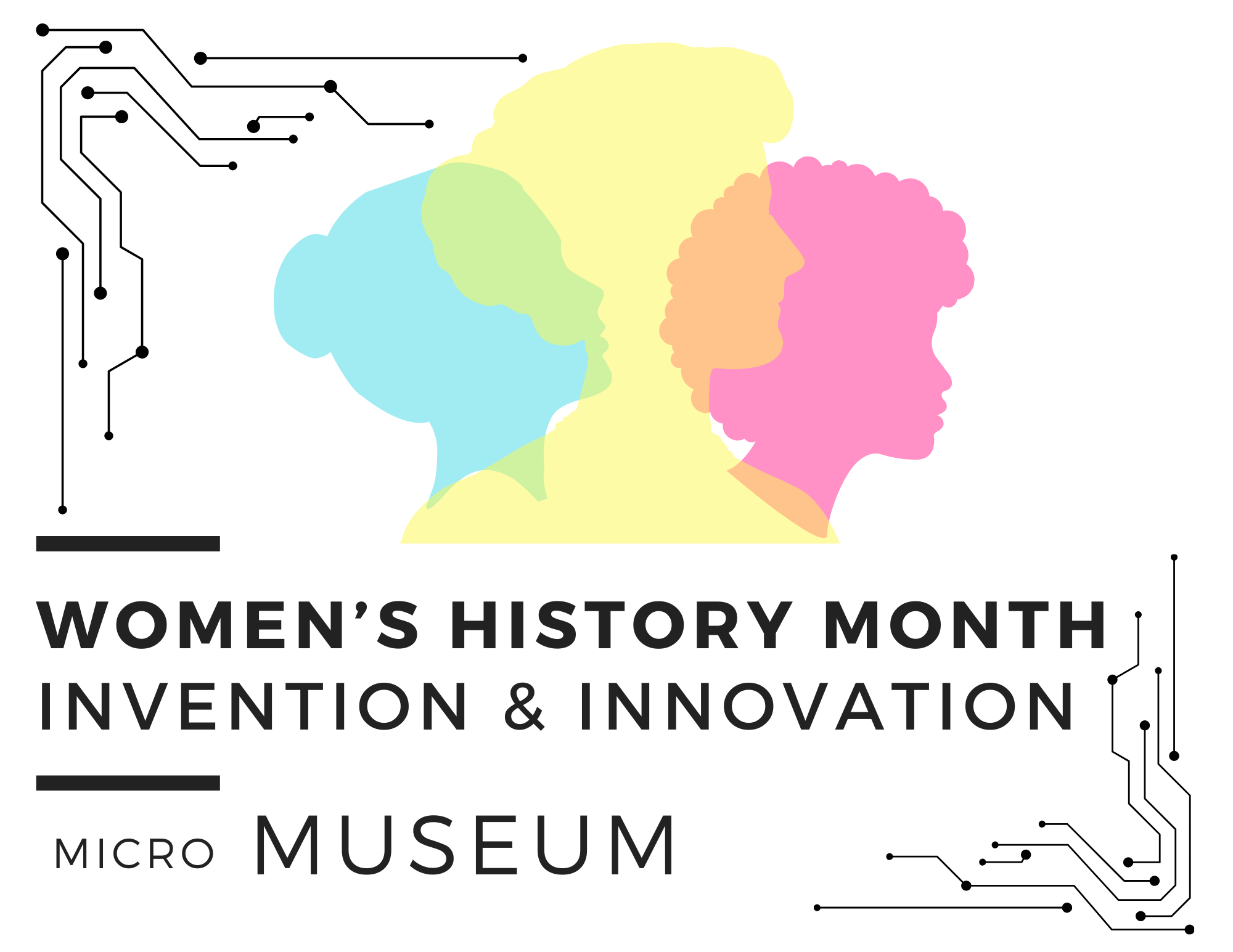 Picture of 3 Silhouettes of women with the text Women's History Month Invention & Innovation micro museum