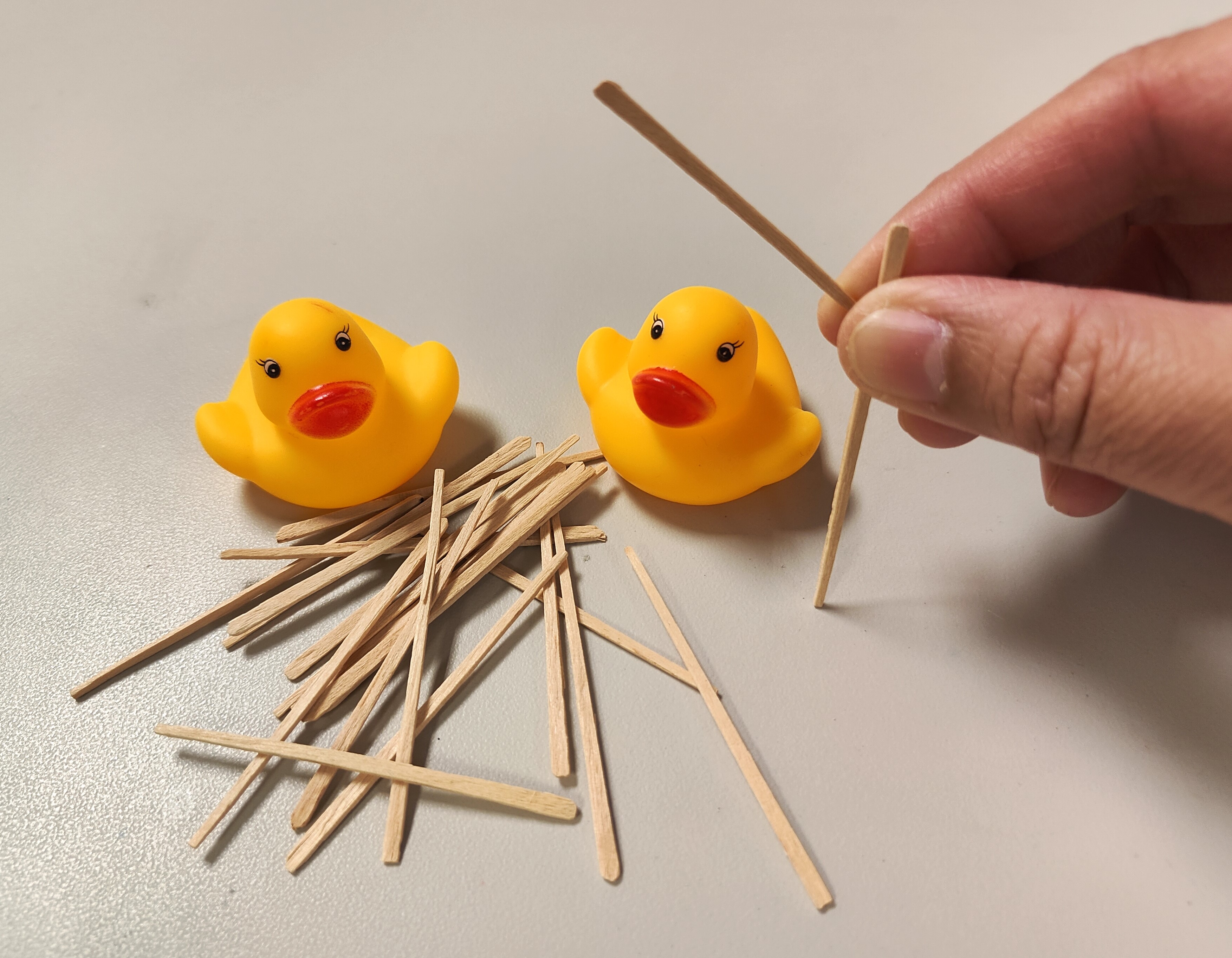 2 yellow rubber ducks, a pile of toothpicks, and fingers holding 2 toothpicks