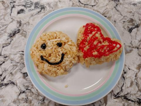 marshmallow treats, smiley face, heart, plate