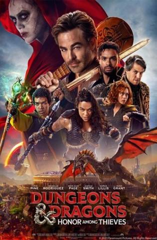 Dungeons and Dragons: Honor Among Thieves movie poster. DnD logo is at the bottom middle, just above that is a dragon, and all major characters are shown above the dragon.