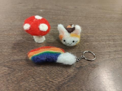 felted mushroom, cat, and rainbow keychain