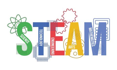 White background, "STEAM" spelled out in different colors: green "S" with the word "science" inside the "S", blue "T" with "technology" written inside the "T", red "E" with the word "engineering" inside, yellow "A" with the word "arts" written inside, blue "M" with the word "mathematics" written inside